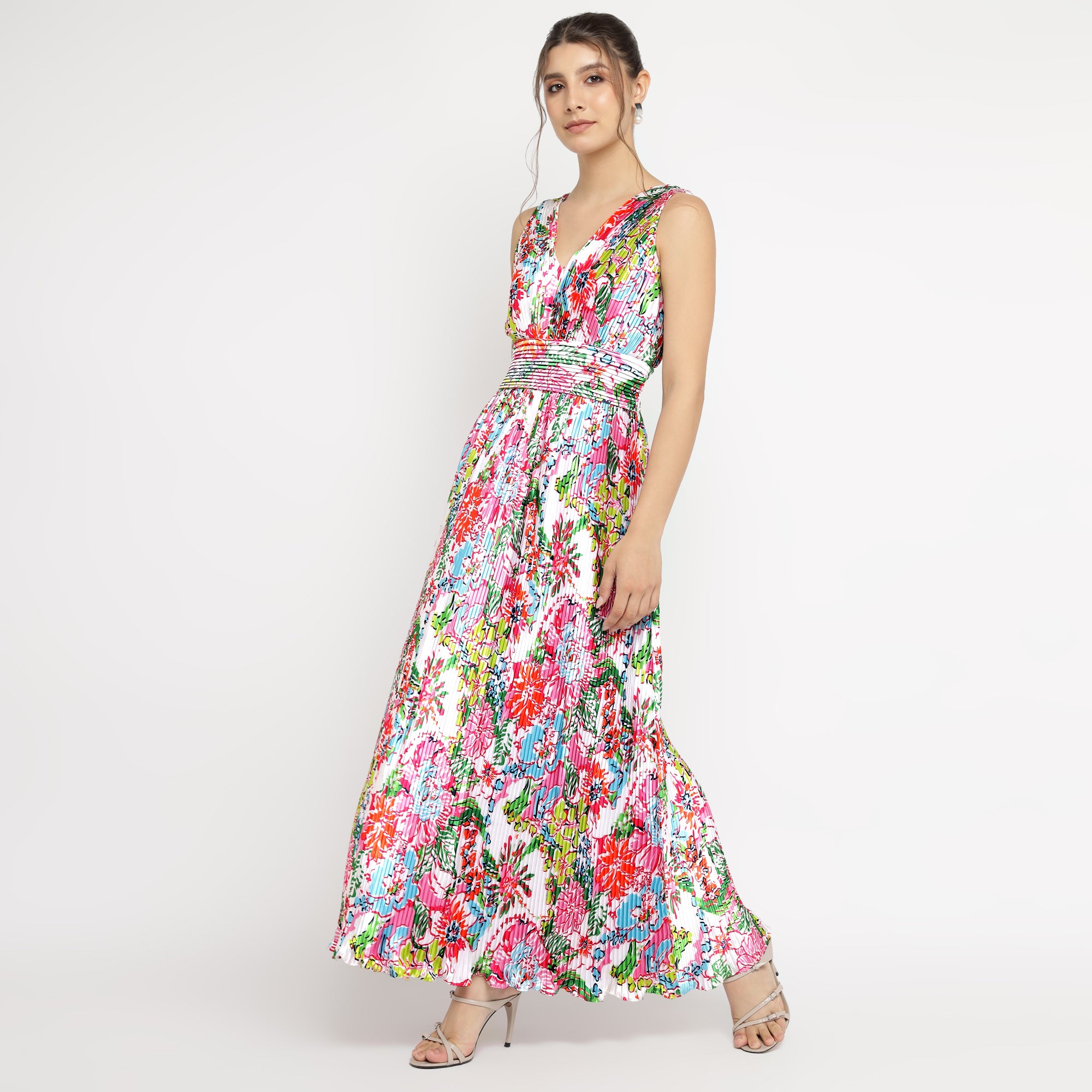 Vibrant Garden Bloom Pleated Maxi Dress
