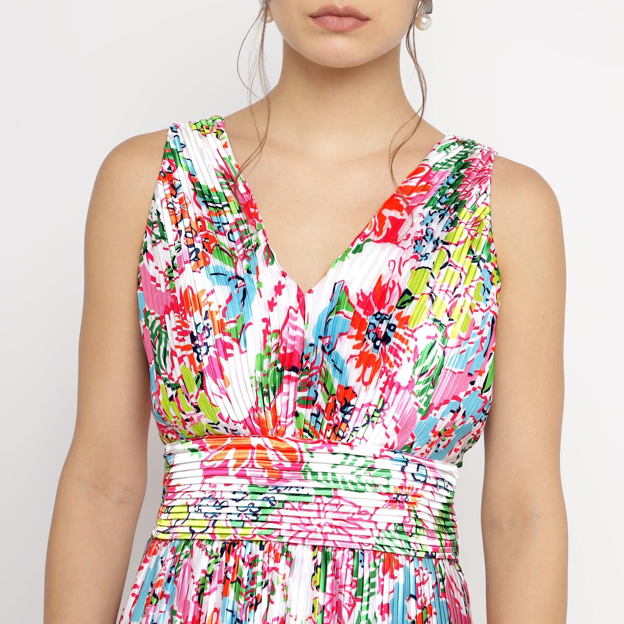 Vibrant Garden Bloom Pleated Maxi Dress