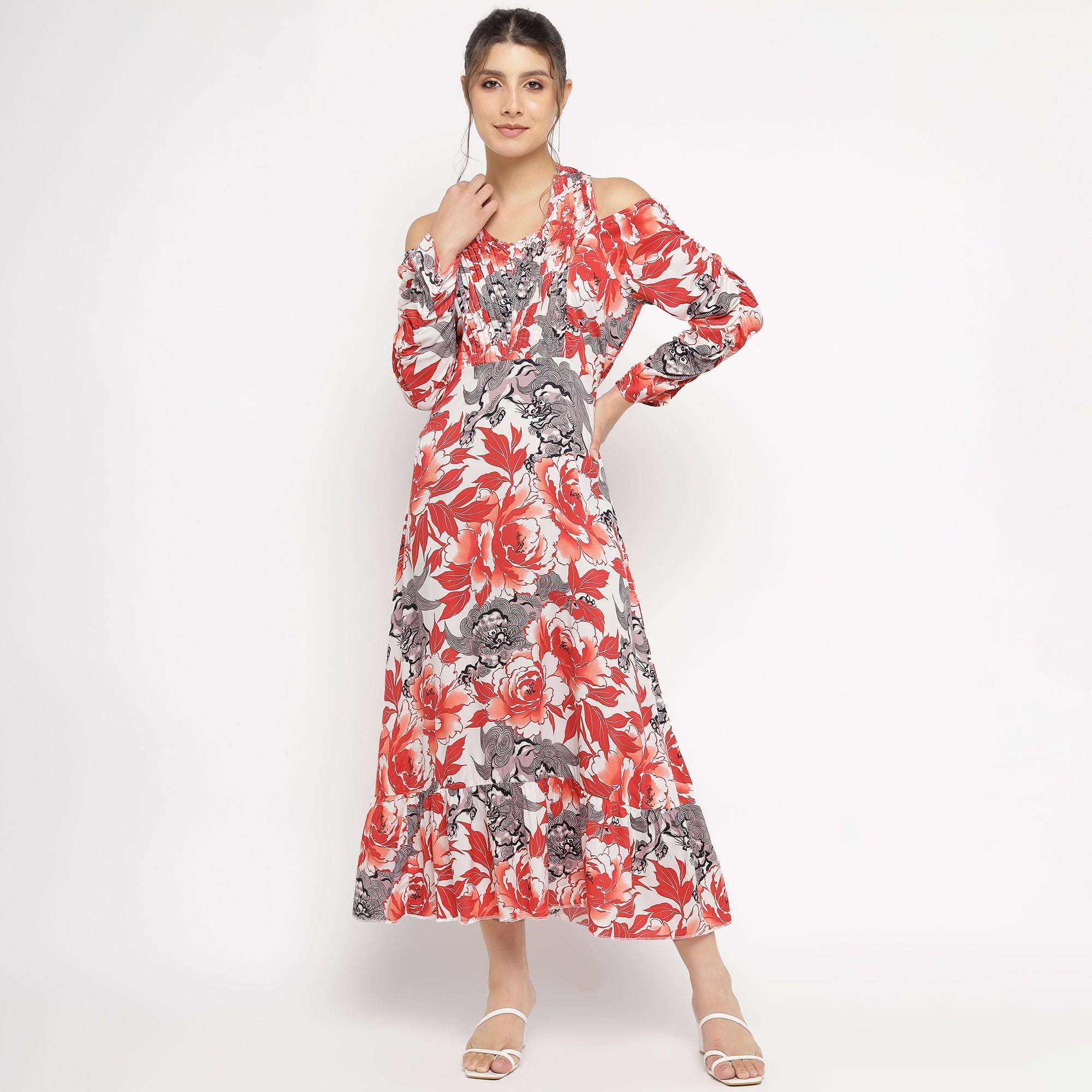 Fiery Red Floral Cold-Shoulder Maxi Dress