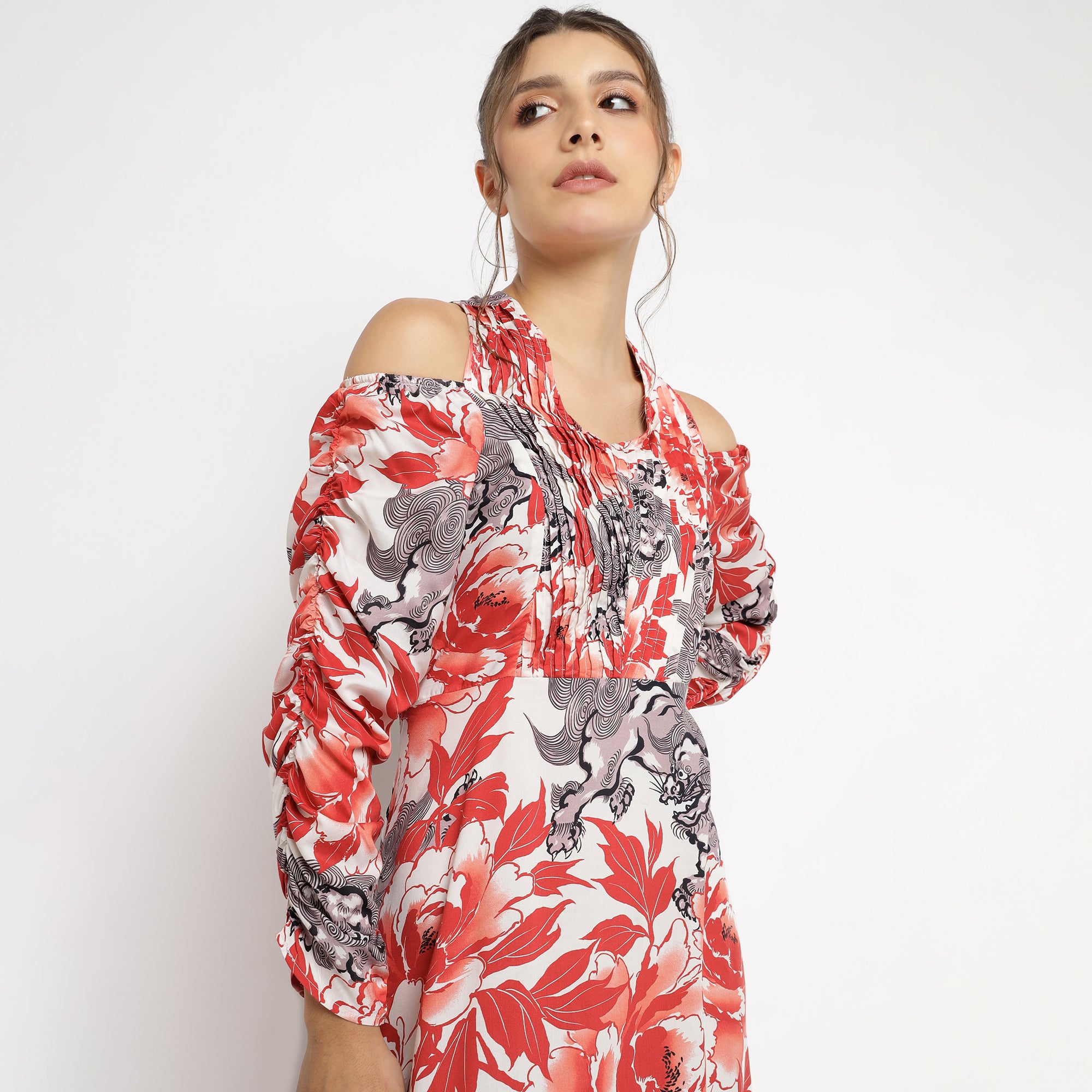 Fiery Red Floral Cold-Shoulder Maxi Dress