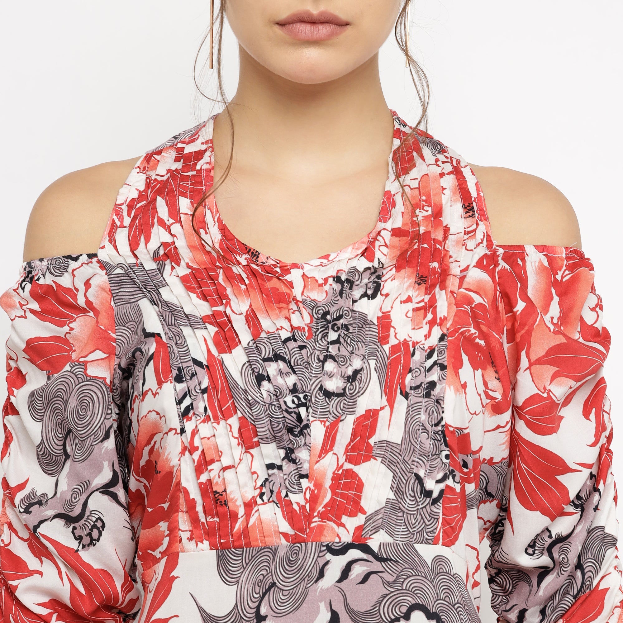 Fiery Red Floral Cold-Shoulder Maxi Dress