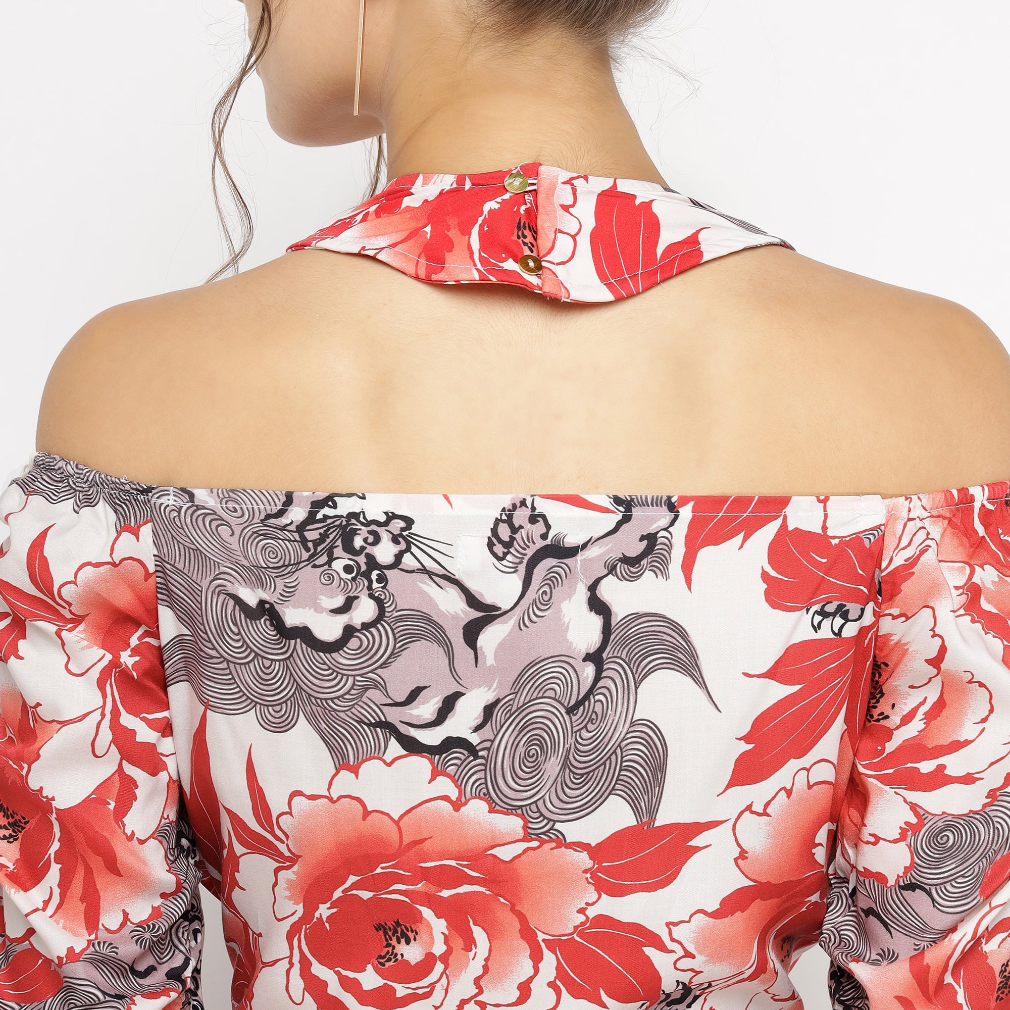 Fiery Red Floral Cold-Shoulder Maxi Dress