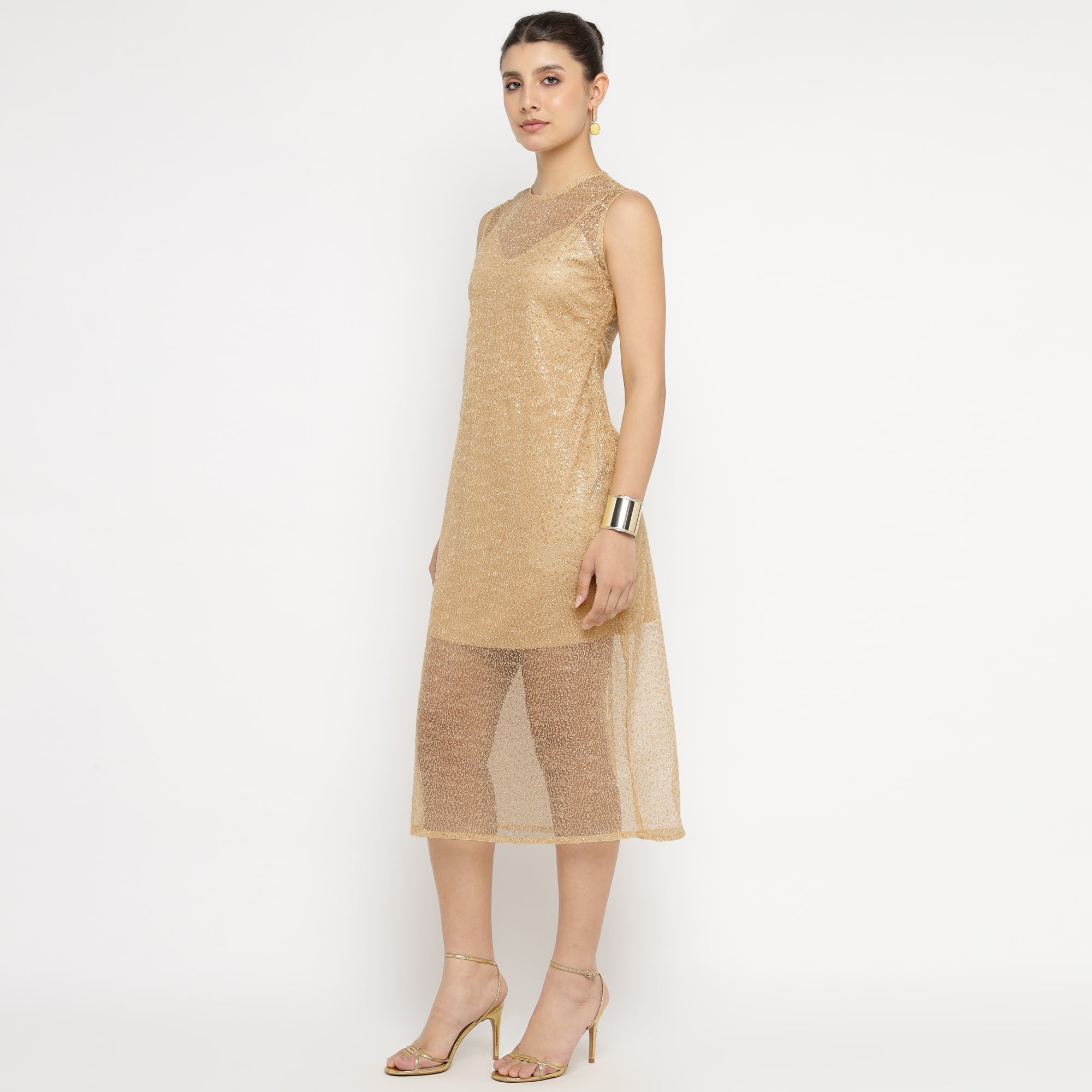 Luxe Gold Sleeveless Shimmer Sheer Midi Dress
