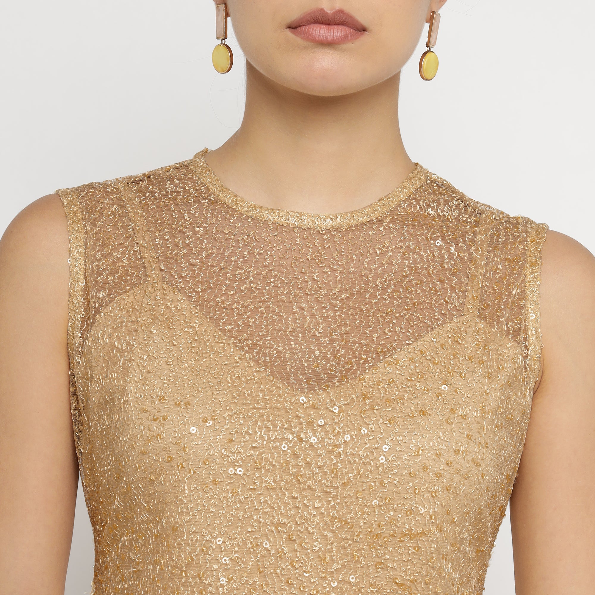 Luxe Gold Sleeveless Shimmer Sheer Midi Dress