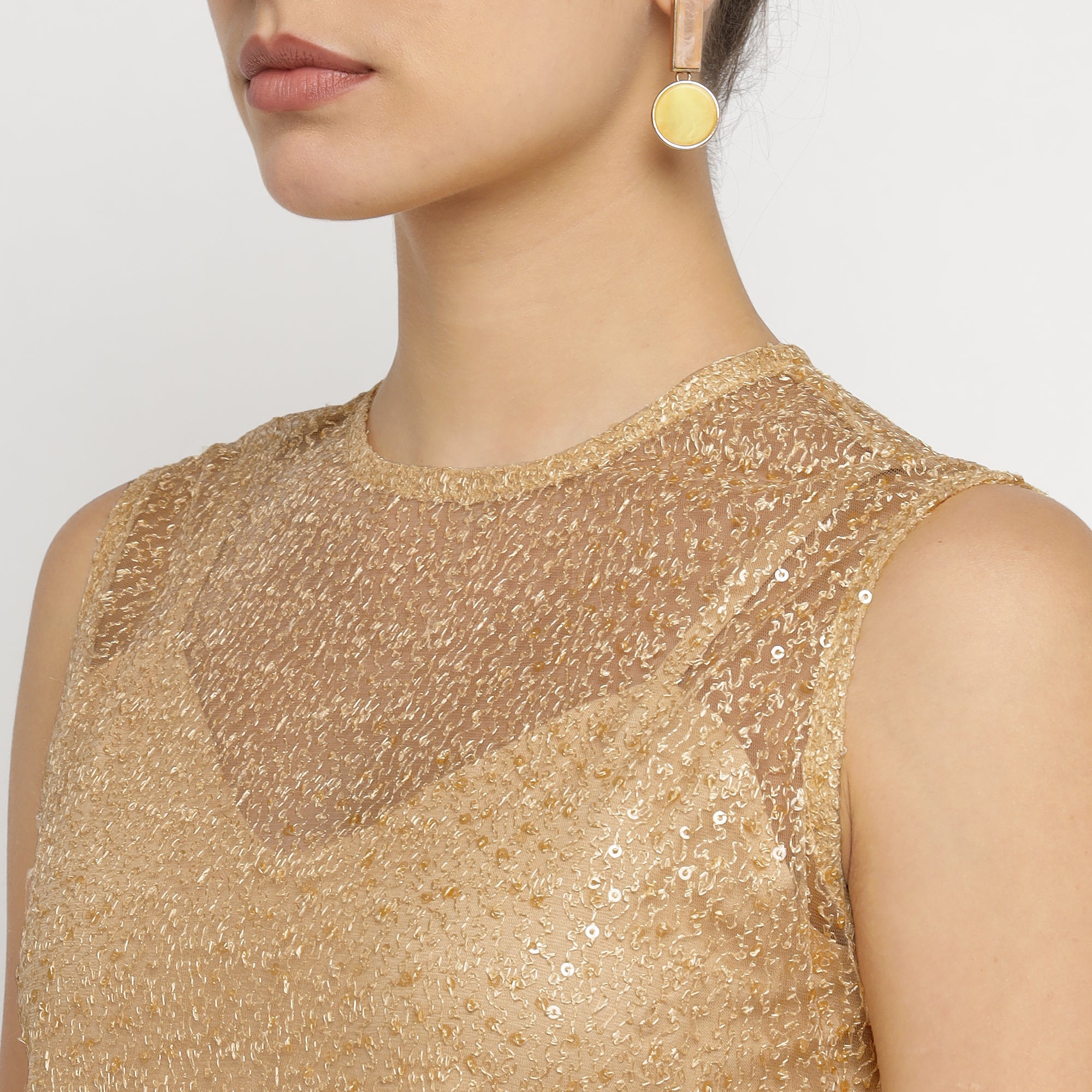 Luxe Gold Sleeveless Shimmer Sheer Midi Dress