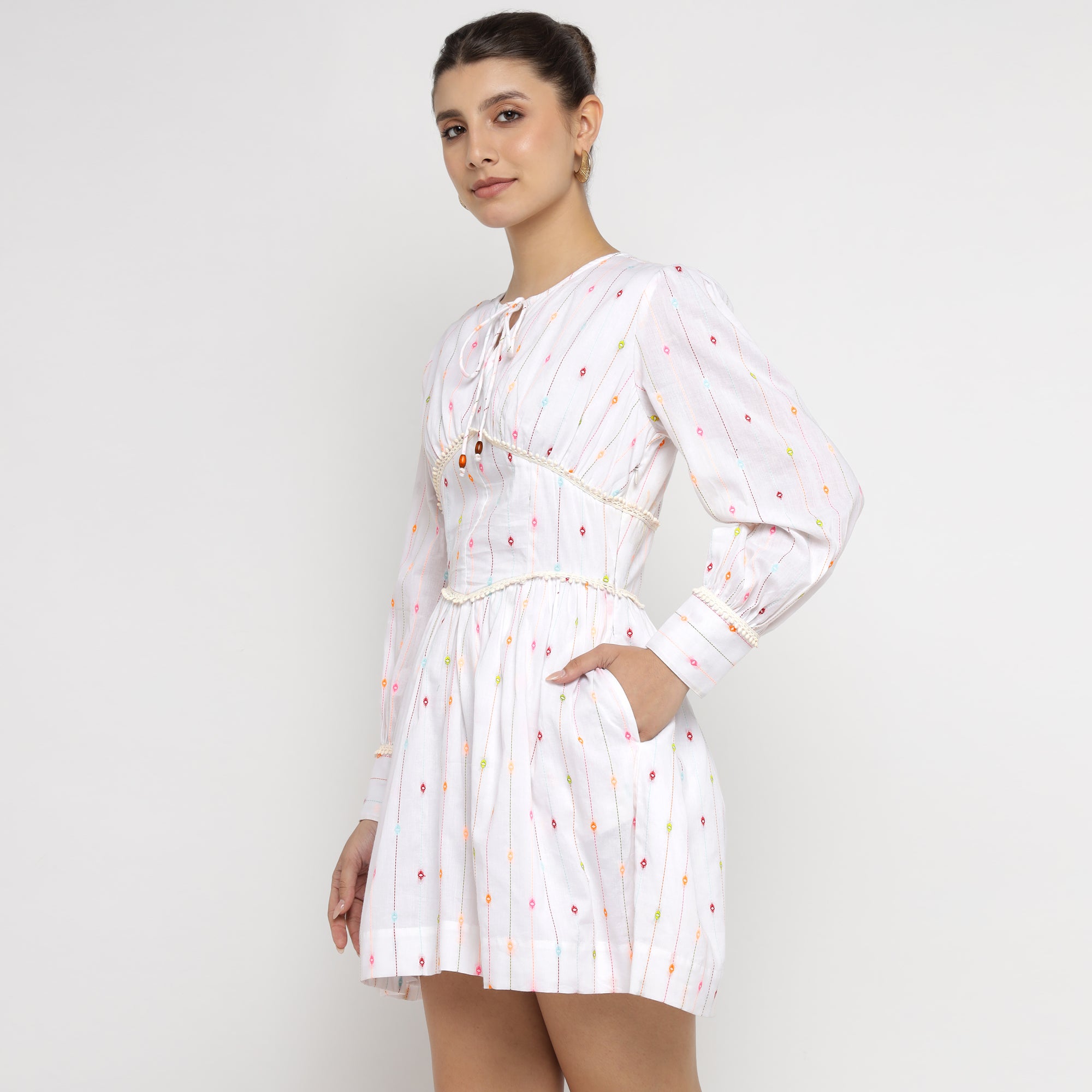 Whimsical White Woven Stripe Mini Dress