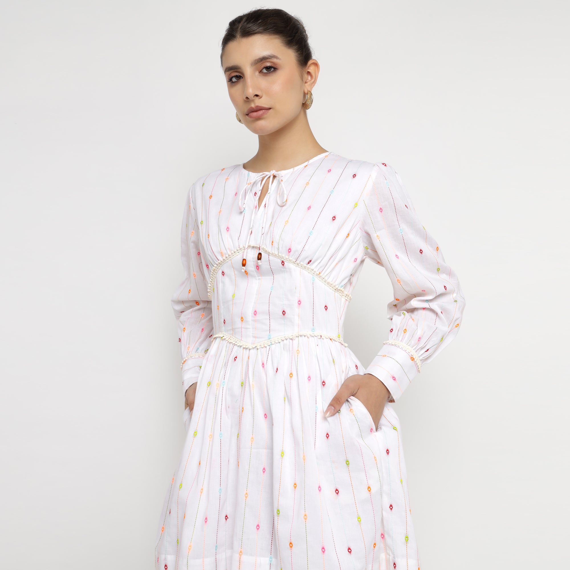 Whimsical White Woven Stripe Mini Dress