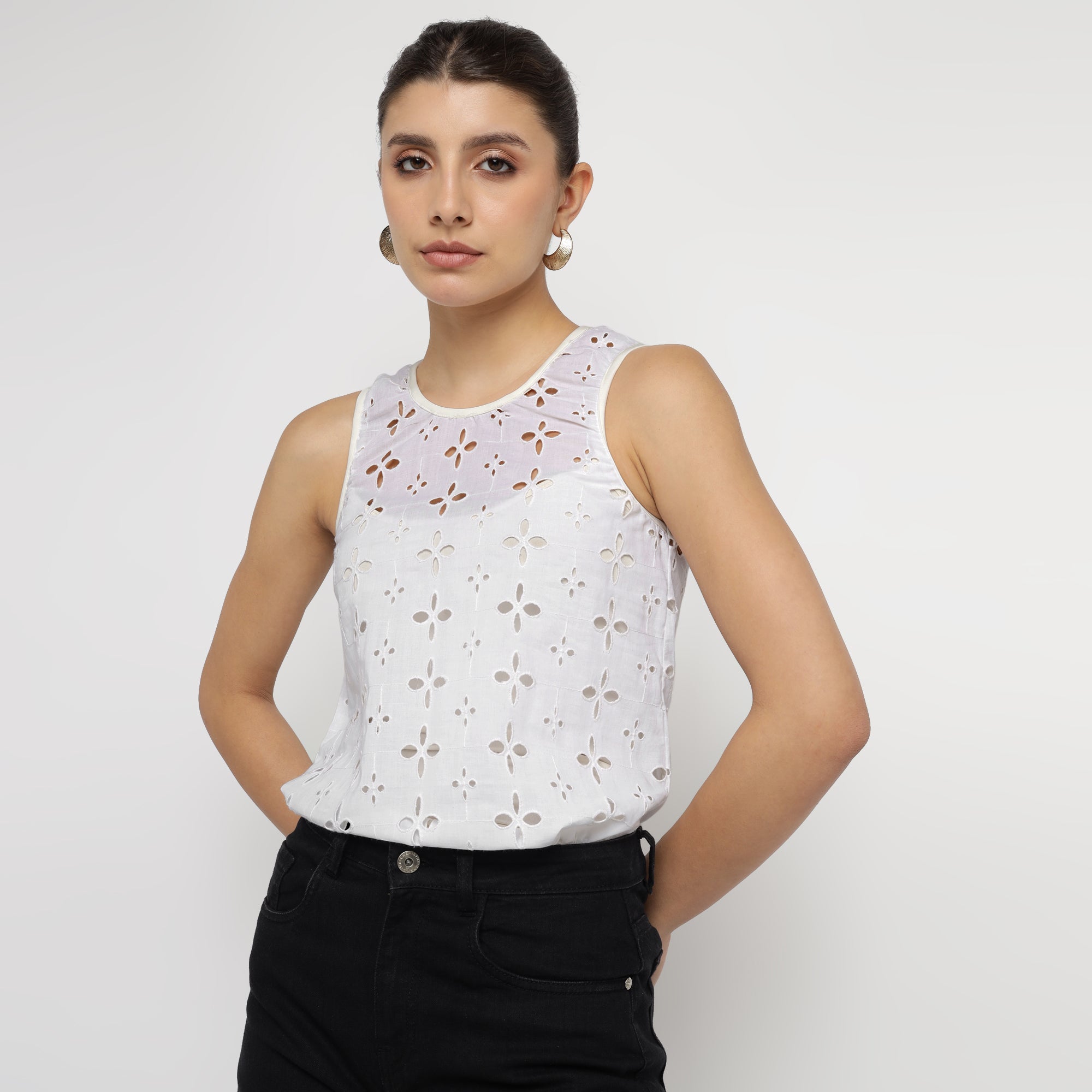 White Cotton Broderie Anglaise Sleeveless Top