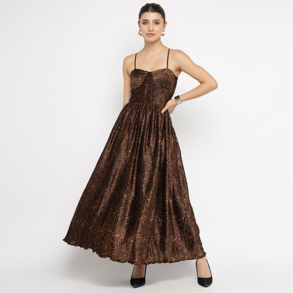 Black & Bronze Pleated Textured Spaghetti Maxi Dress