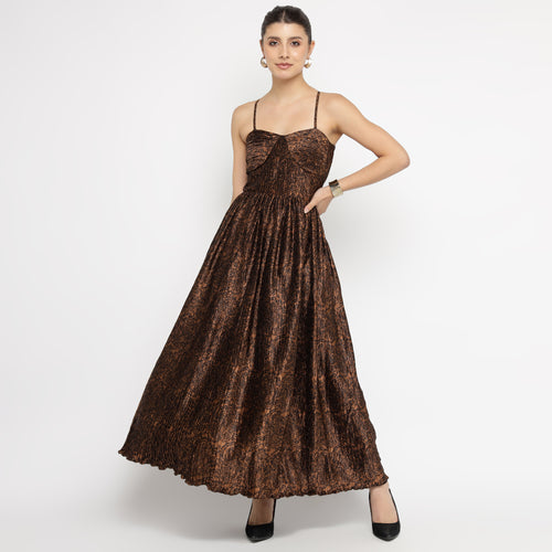 Black & Bronze Pleated Textured Spaghetti Maxi Dress