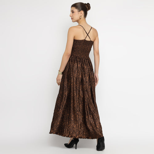 Black & Bronze Pleated Textured Spaghetti Maxi Dress