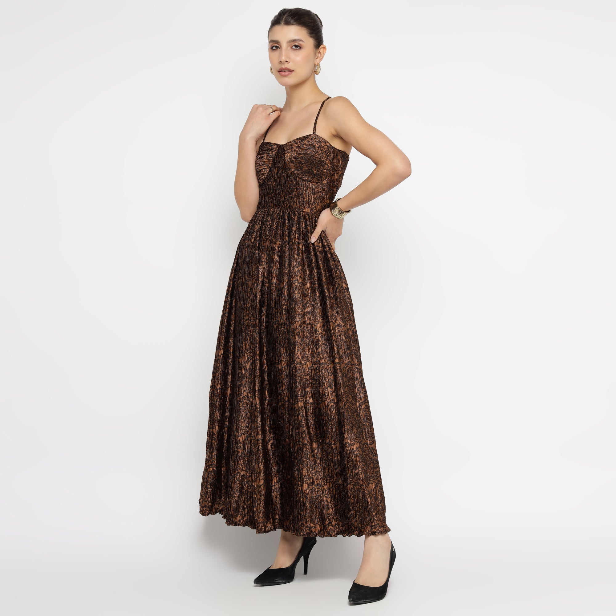 Black & Bronze Pleated Textured Spaghetti Maxi Dress