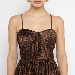 Black & Bronze Pleated Textured Spaghetti Maxi Dress