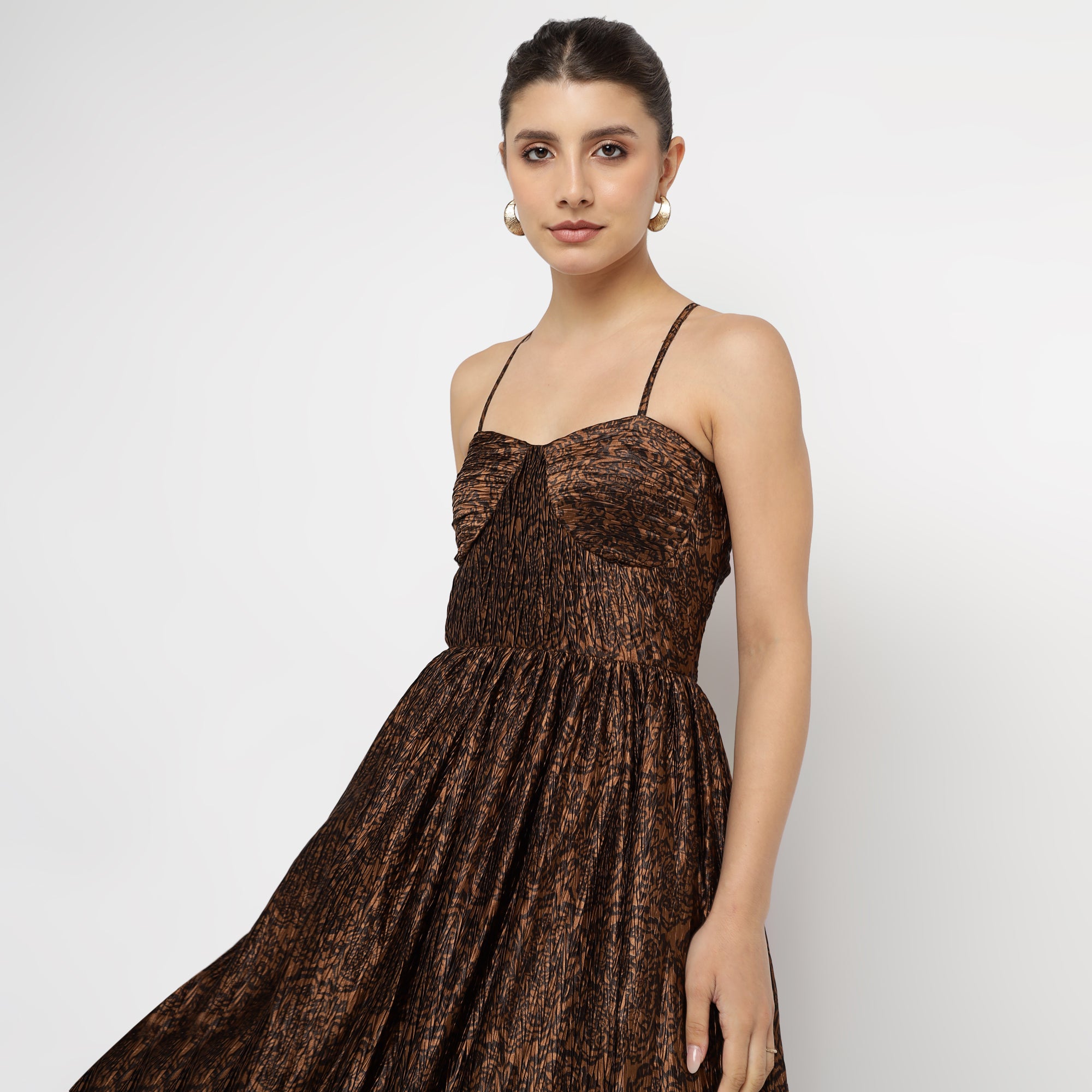Black & Bronze Pleated Textured Spaghetti Maxi Dress