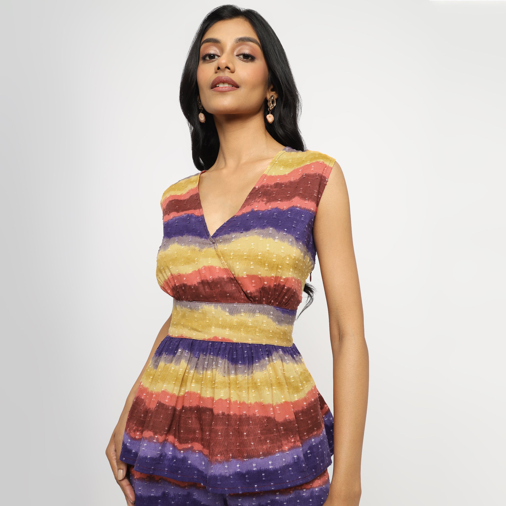 Multicolor Sleeveless Peplum Top & Wide-Leg Pants Co-ord Set