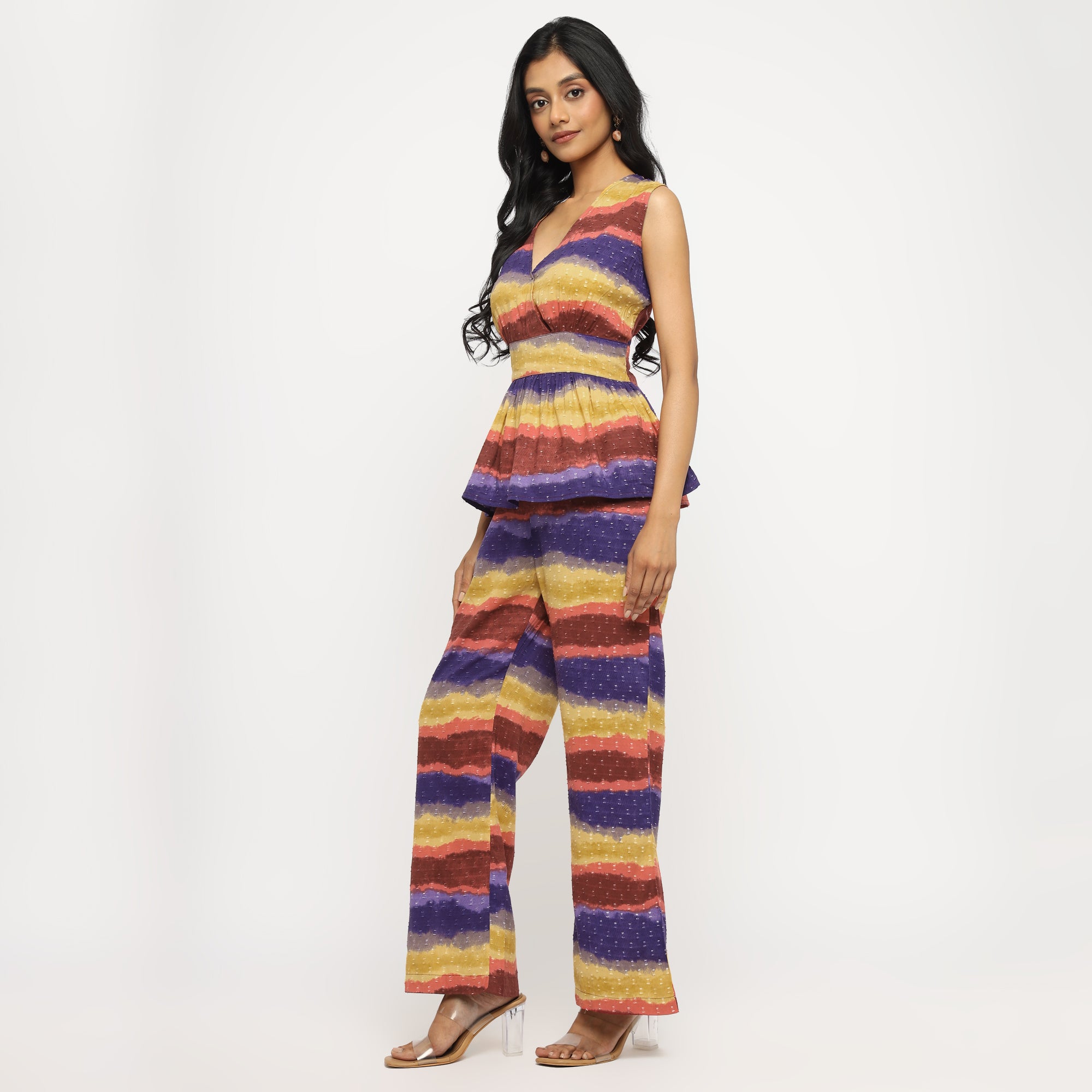 Multicolor Sleeveless Peplum Top & Wide-Leg Pants Co-ord Set