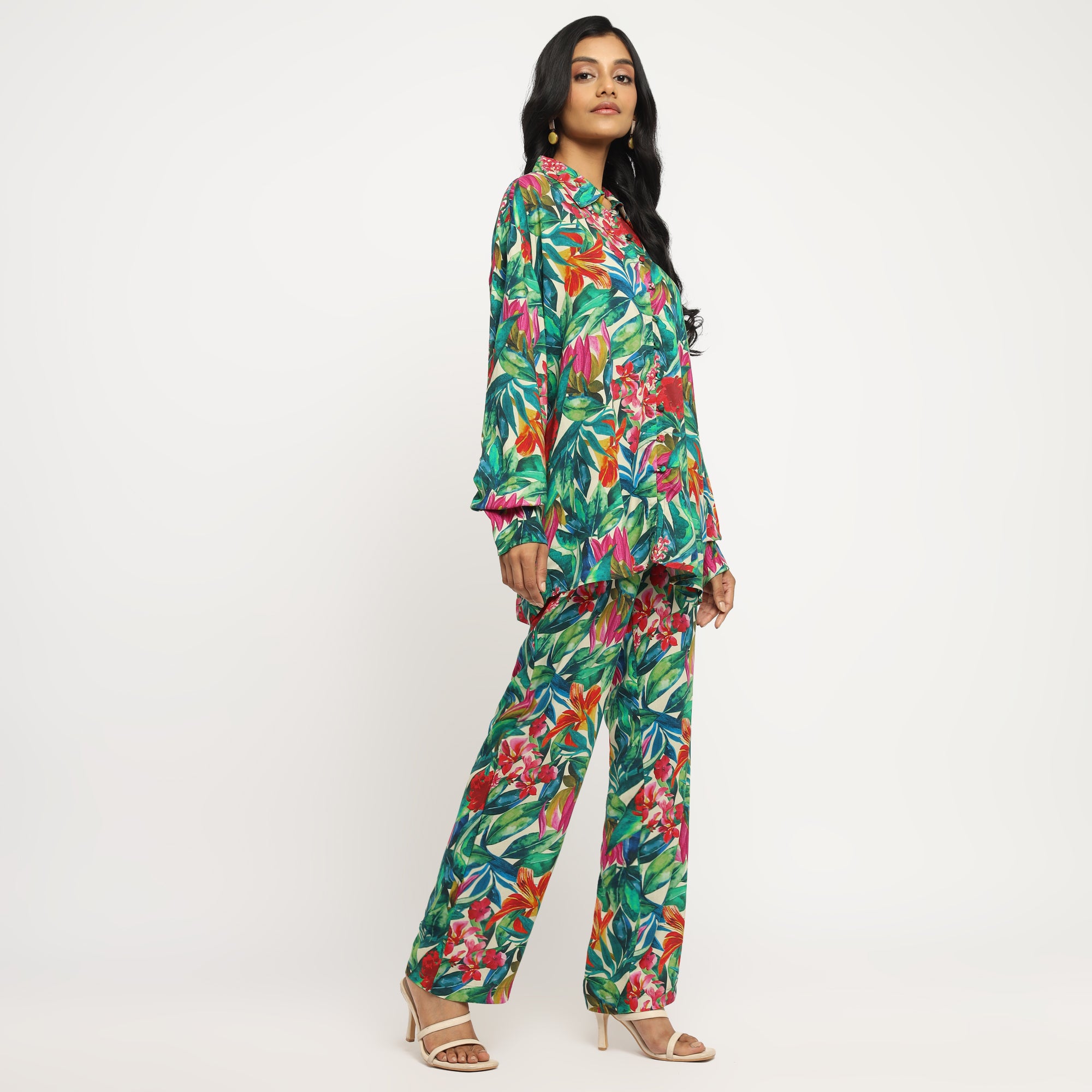 Tropical Multicolor Leaf Printed Shirt and Straight Pants Co-ord Set