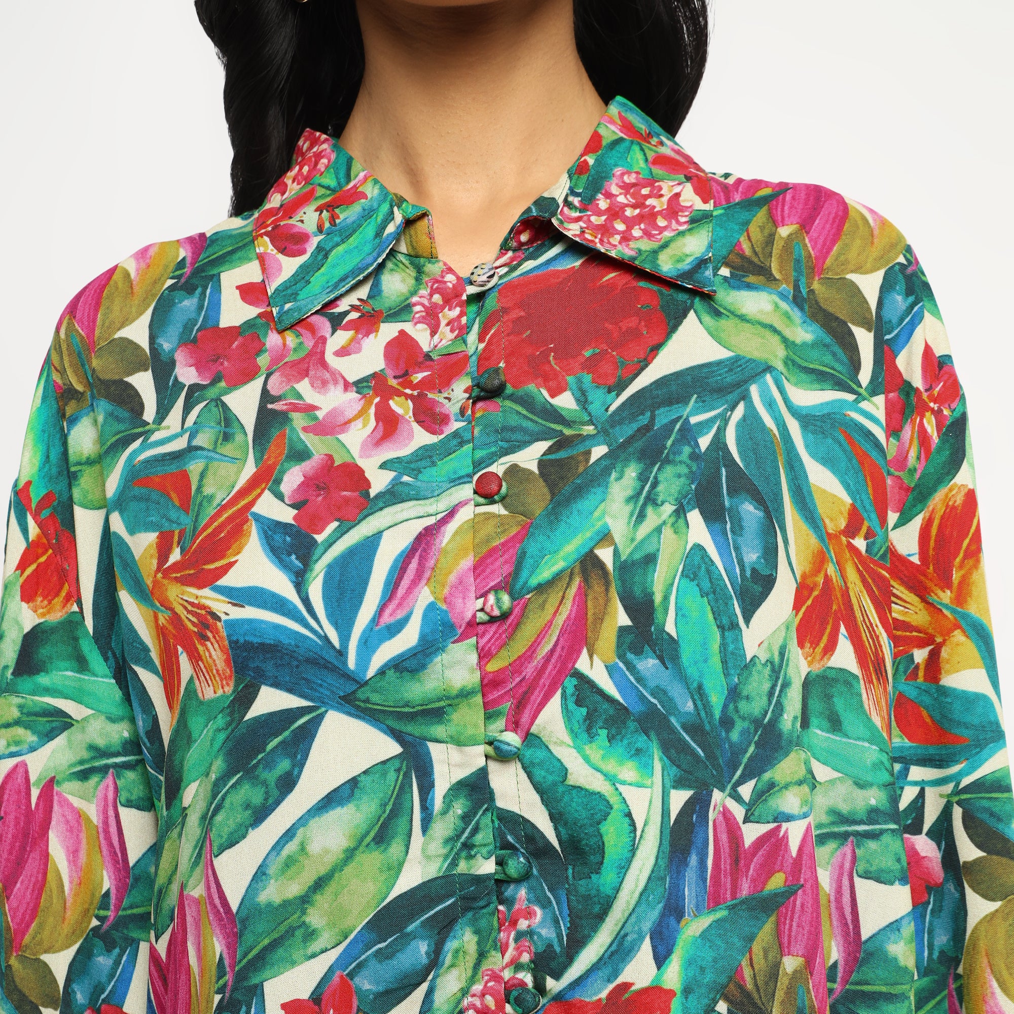 Tropical Multicolor Leaf Printed Shirt and Straight Pants Co-ord Set