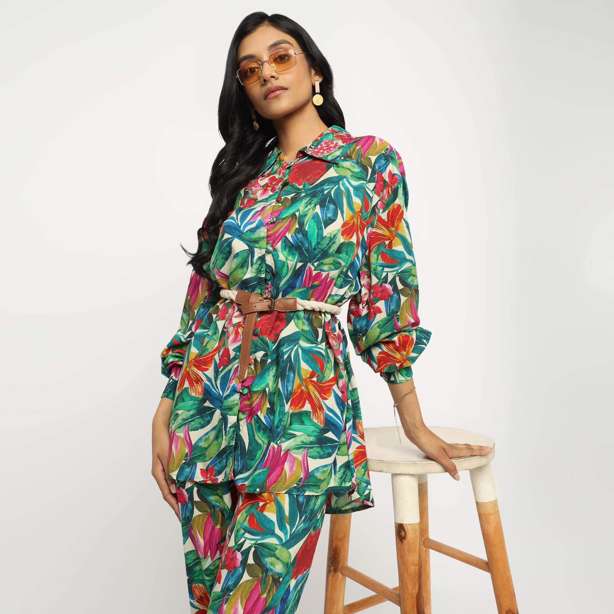 Tropical Multicolor Leaf Printed Shirt and Straight Pants Co-ord Set