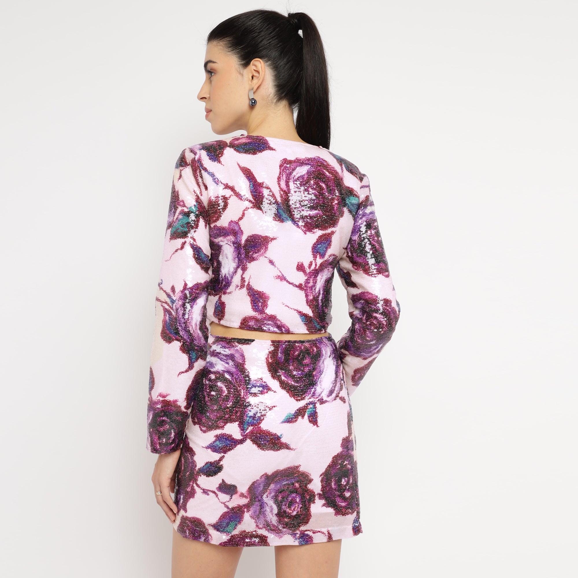Pink Sequin Floral Co-ord Set (Jacket + Skirt)