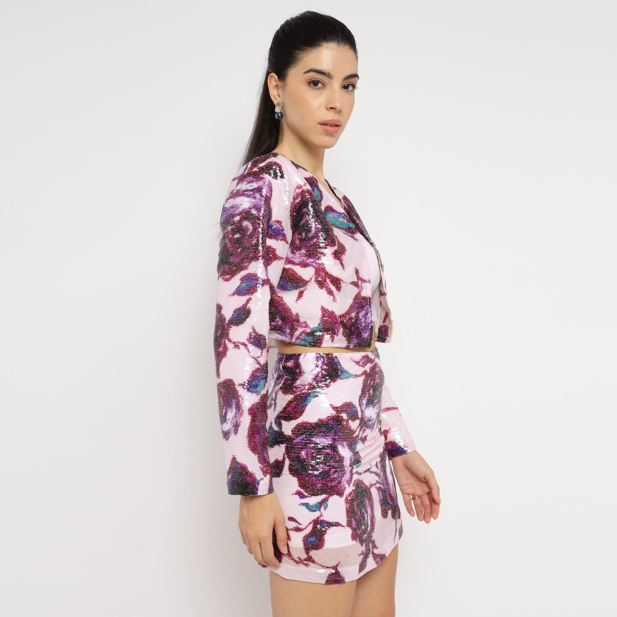Pink Sequin Floral Co-ord Set (Jacket + Skirt)
