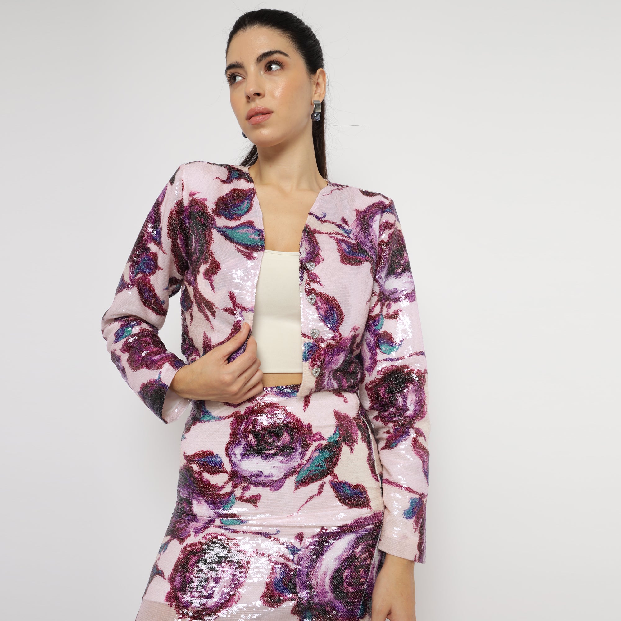 Pink Sequin Floral Co-ord Set (Jacket + Skirt)