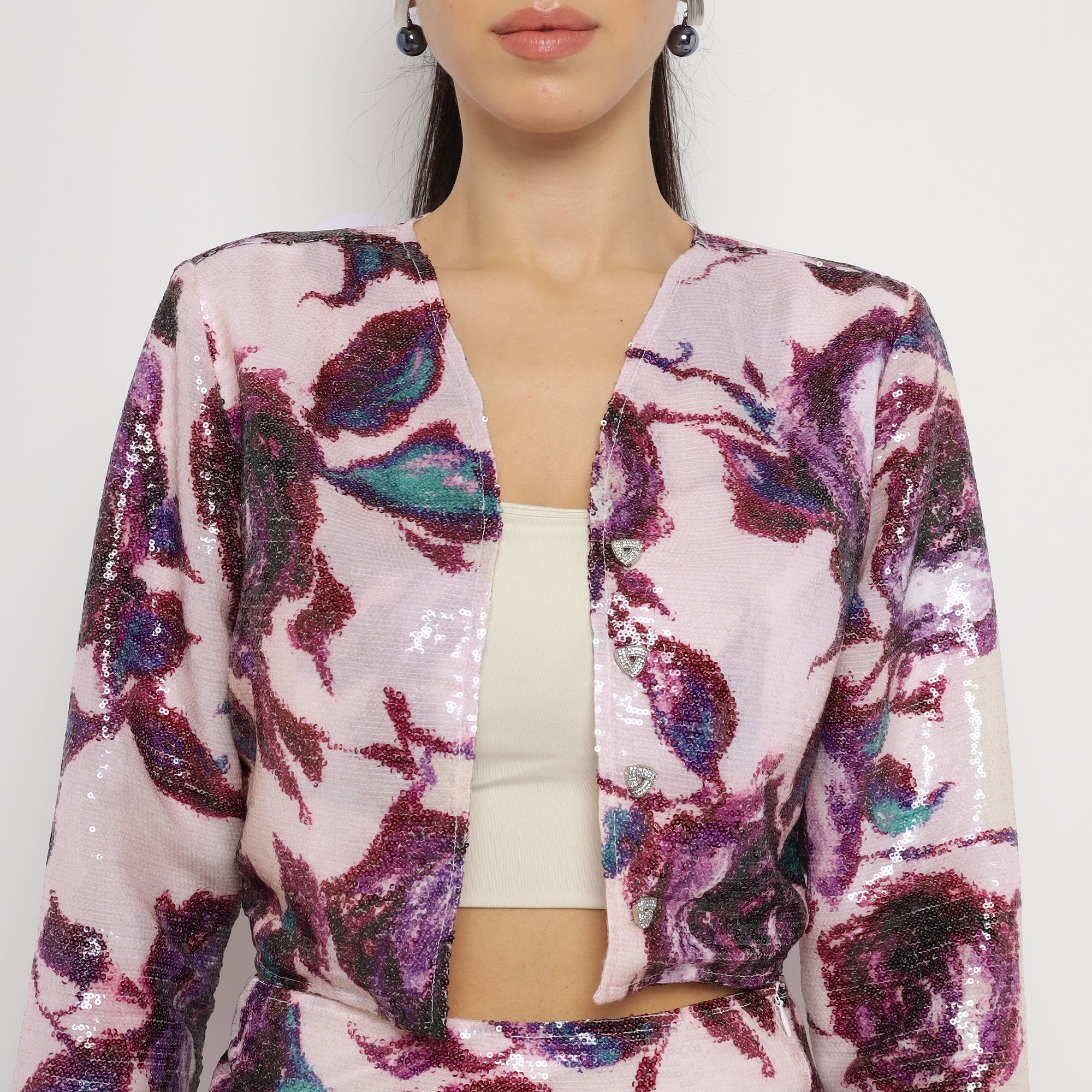 Pink Sequin Floral Co-ord Set (Jacket + Skirt)