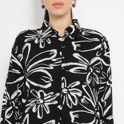 Black Oversized Floral Shirt and Straight Pants Co-ord Set