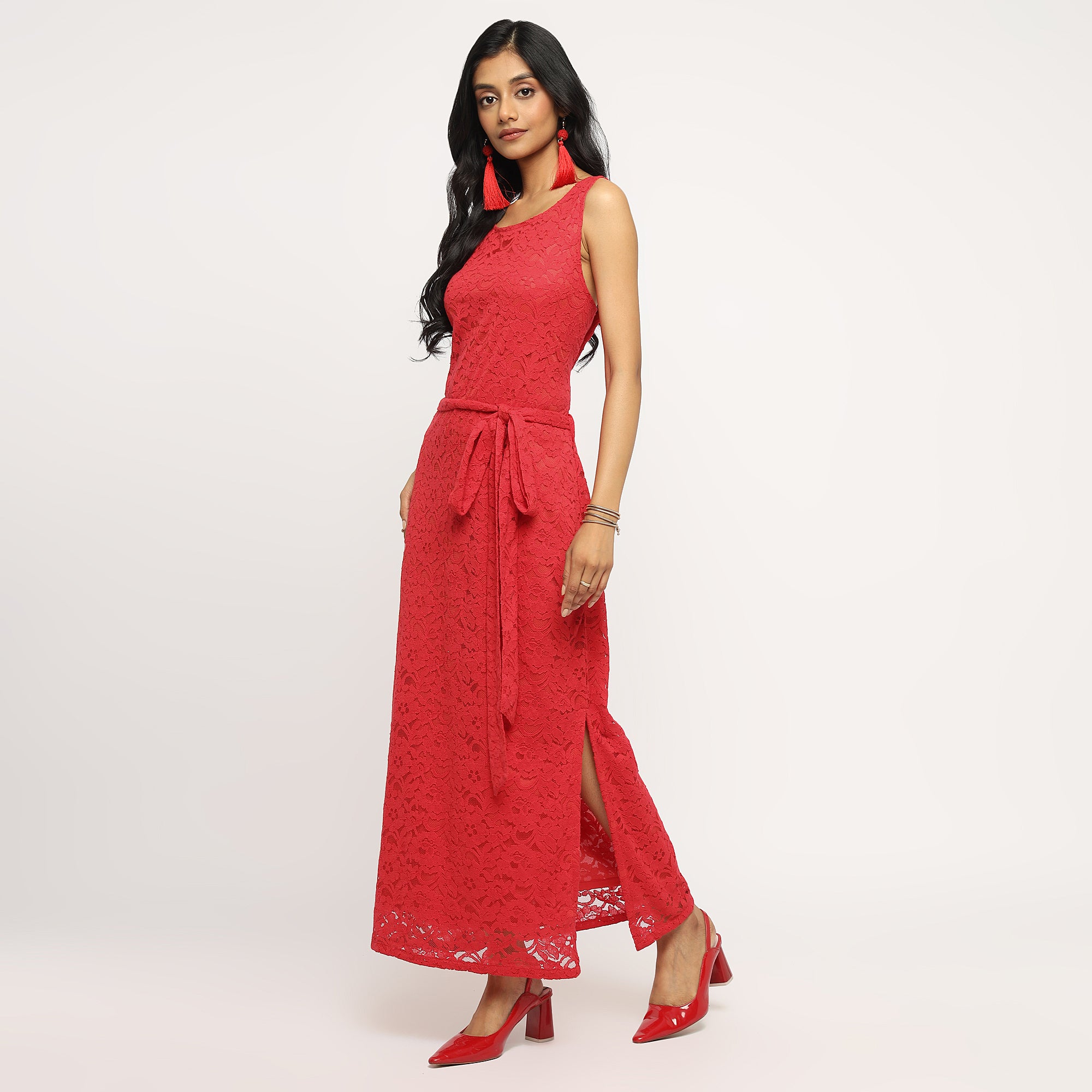 Red One-Shoulder Lace Maxi Dress with Side Slit