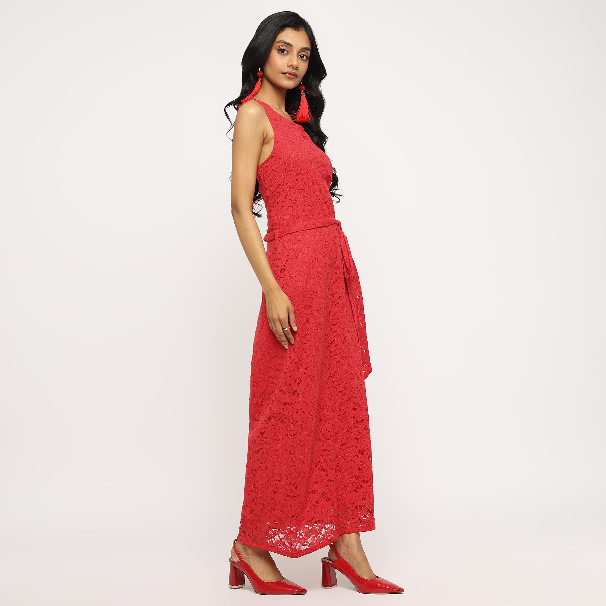 Red One-Shoulder Lace Maxi Dress with Side Slit