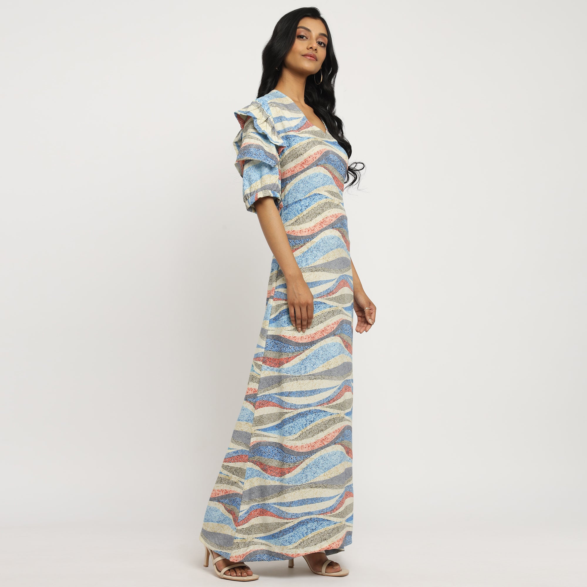 Coastal Waves Puff Sleeve Maxi Dress
