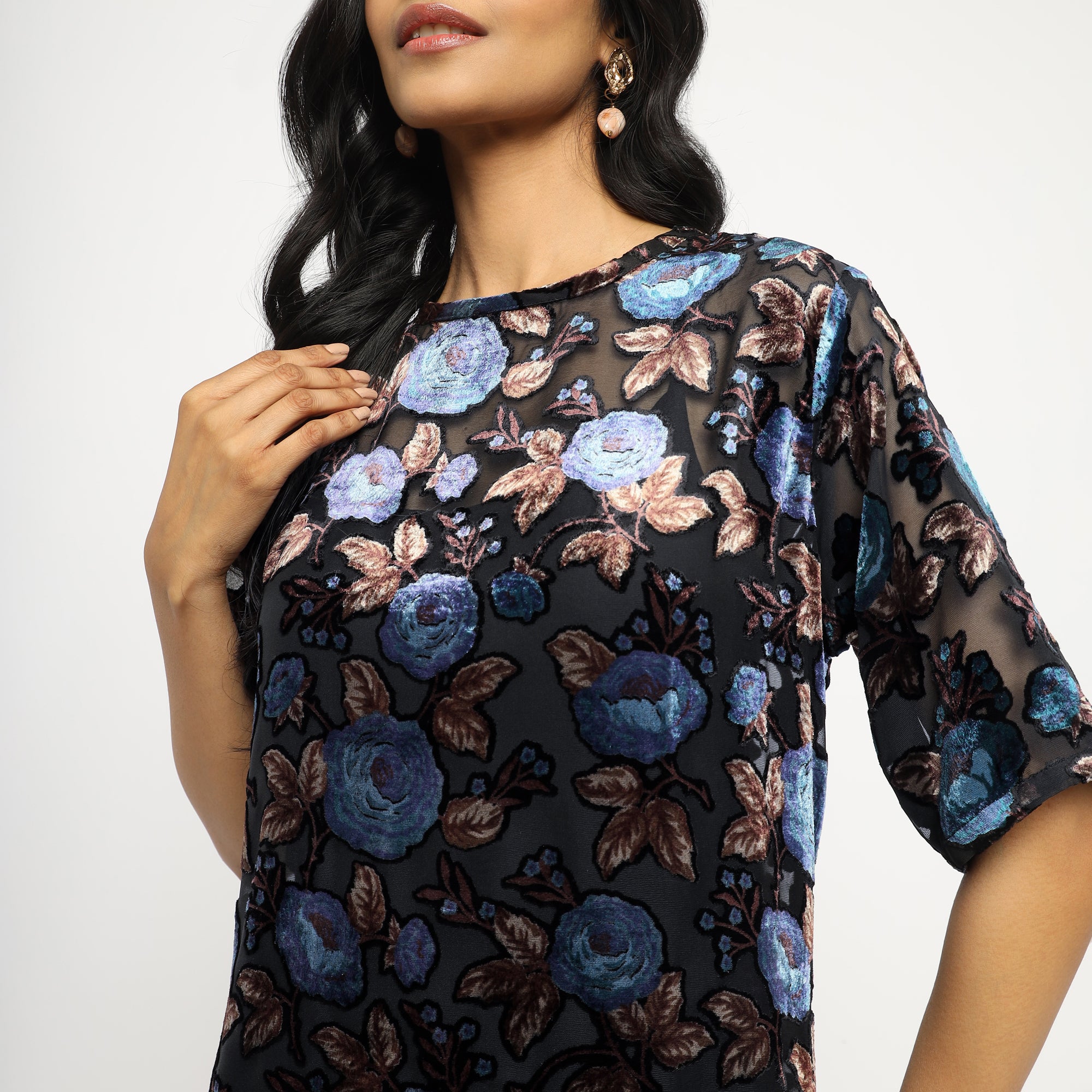 Midnight Floral Summer Velvet Dress with Shift Silhouette