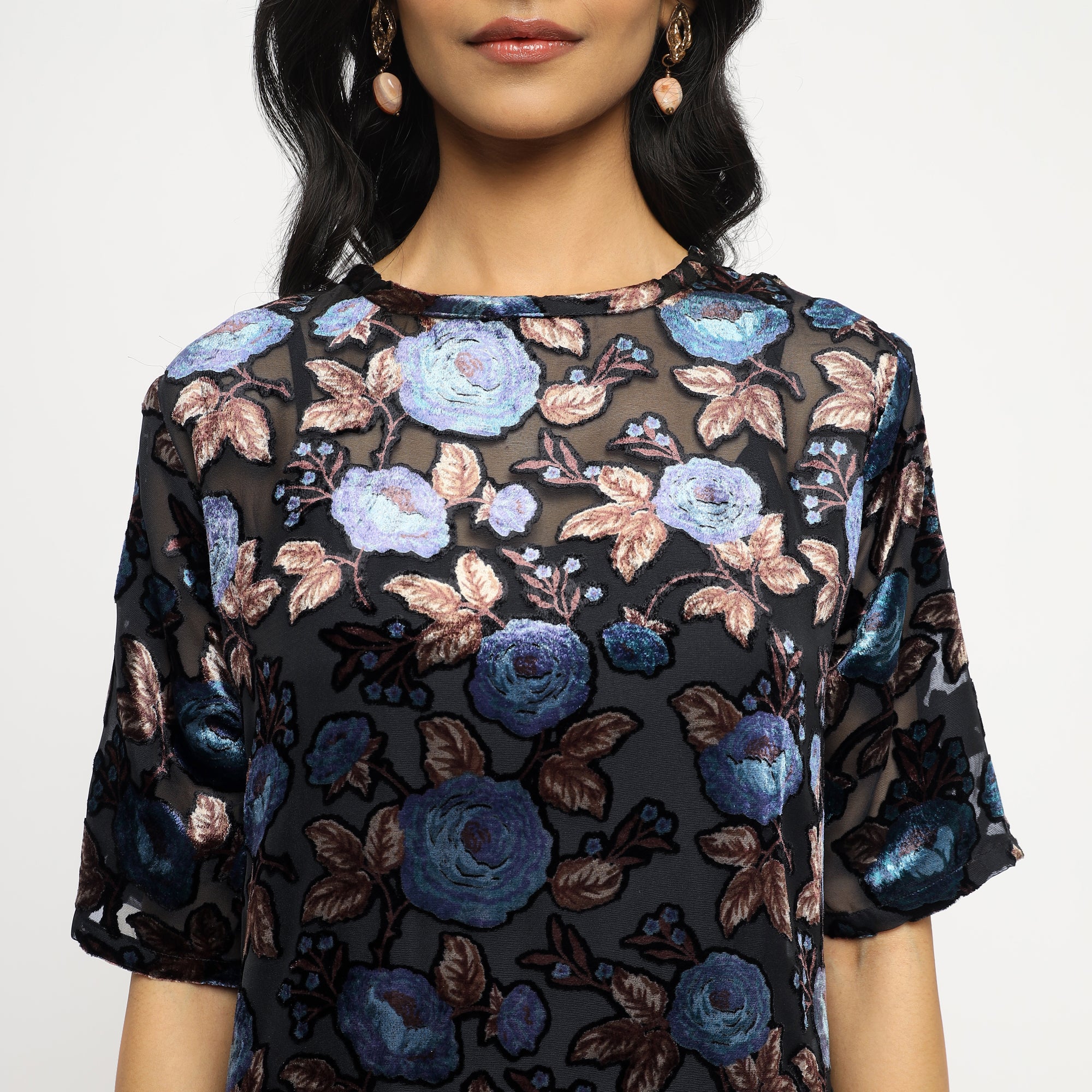 Midnight Floral Summer Velvet Dress with Shift Silhouette