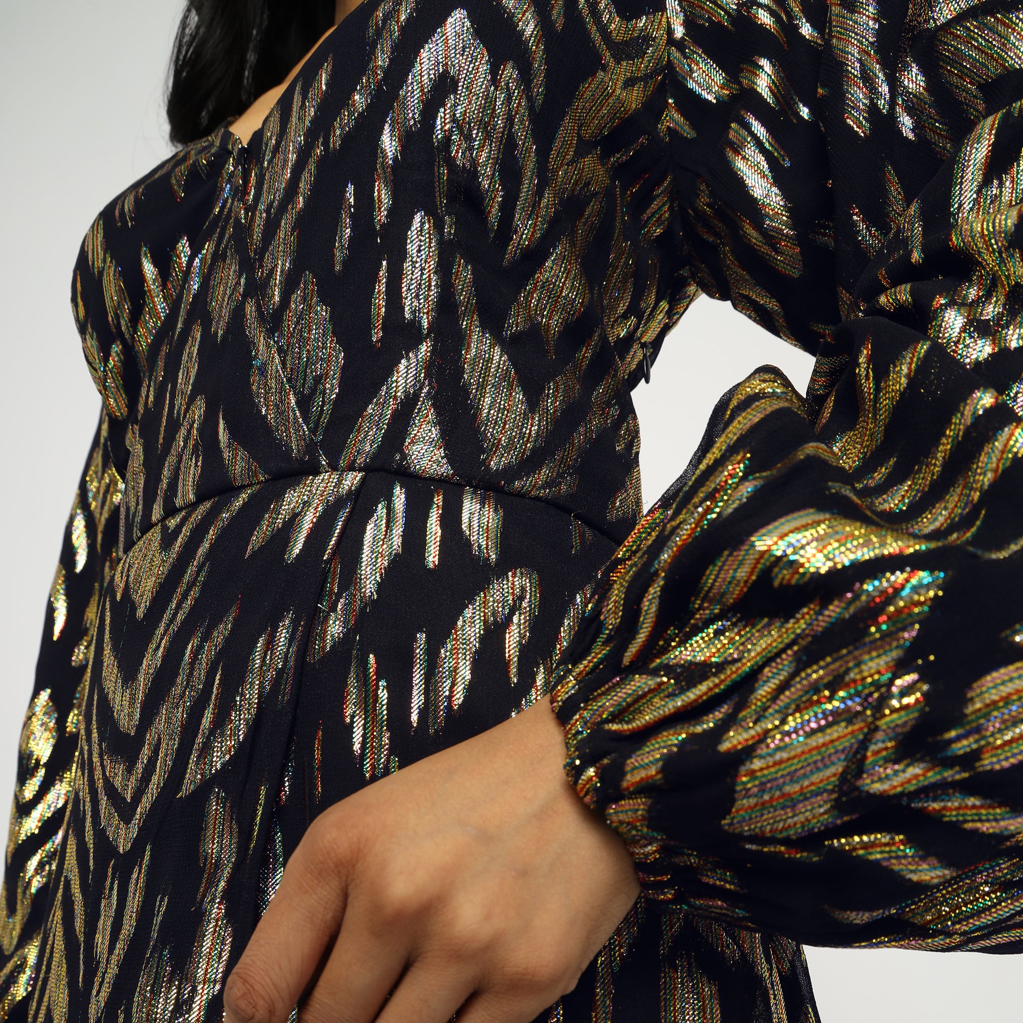 Black & Gold Metallic Jacquard Wrap Maxi Dress