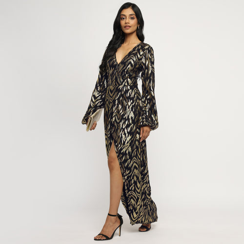 Black & Gold Metallic Jacquard Wrap Maxi Dress