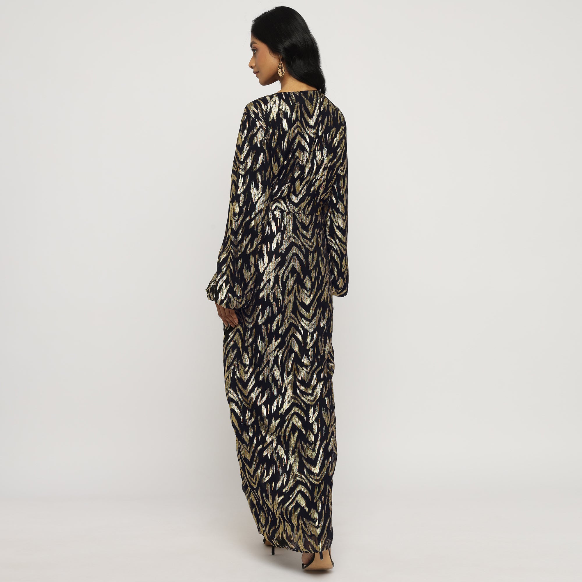 Black & Gold Metallic Jacquard Wrap Maxi Dress