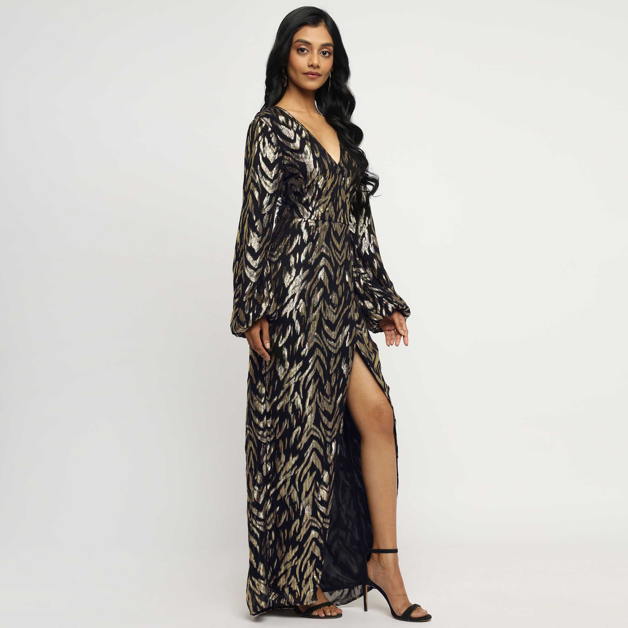 Black & Gold Metallic Jacquard Wrap Maxi Dress