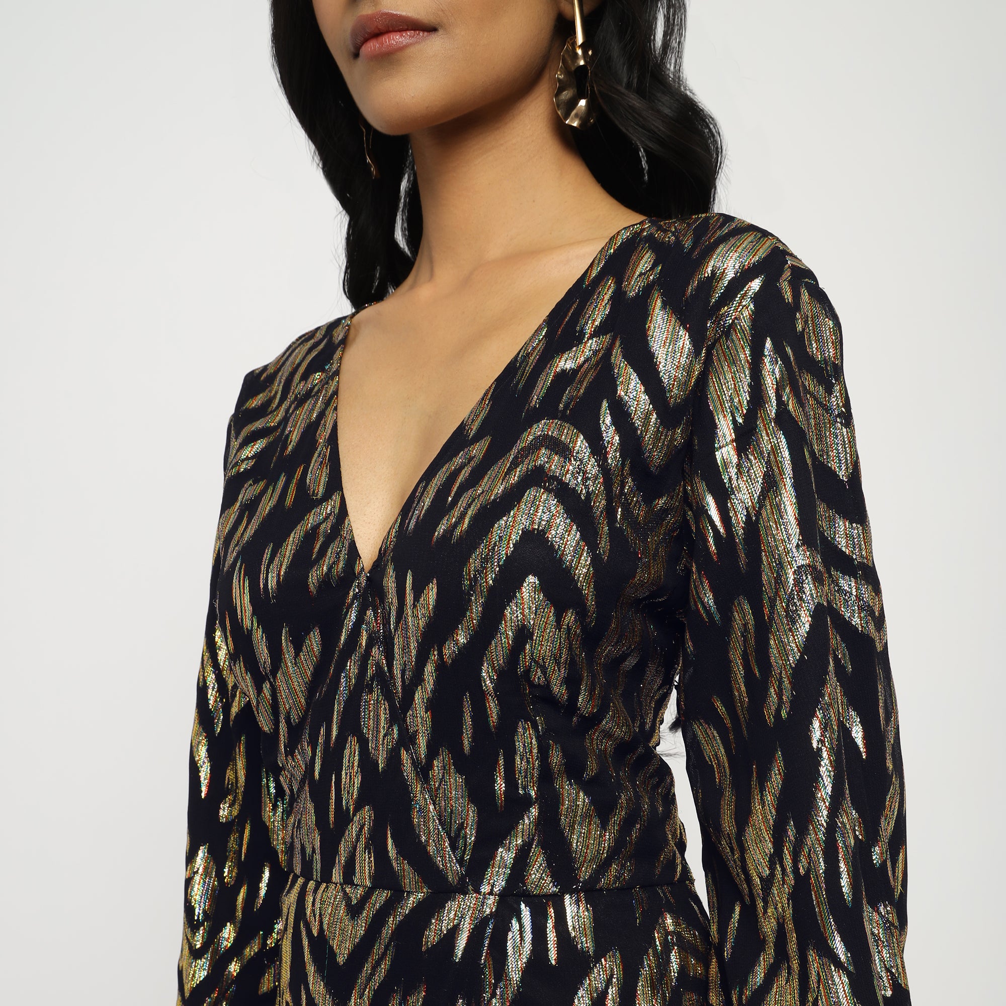 Black & Gold Metallic Jacquard Wrap Maxi Dress