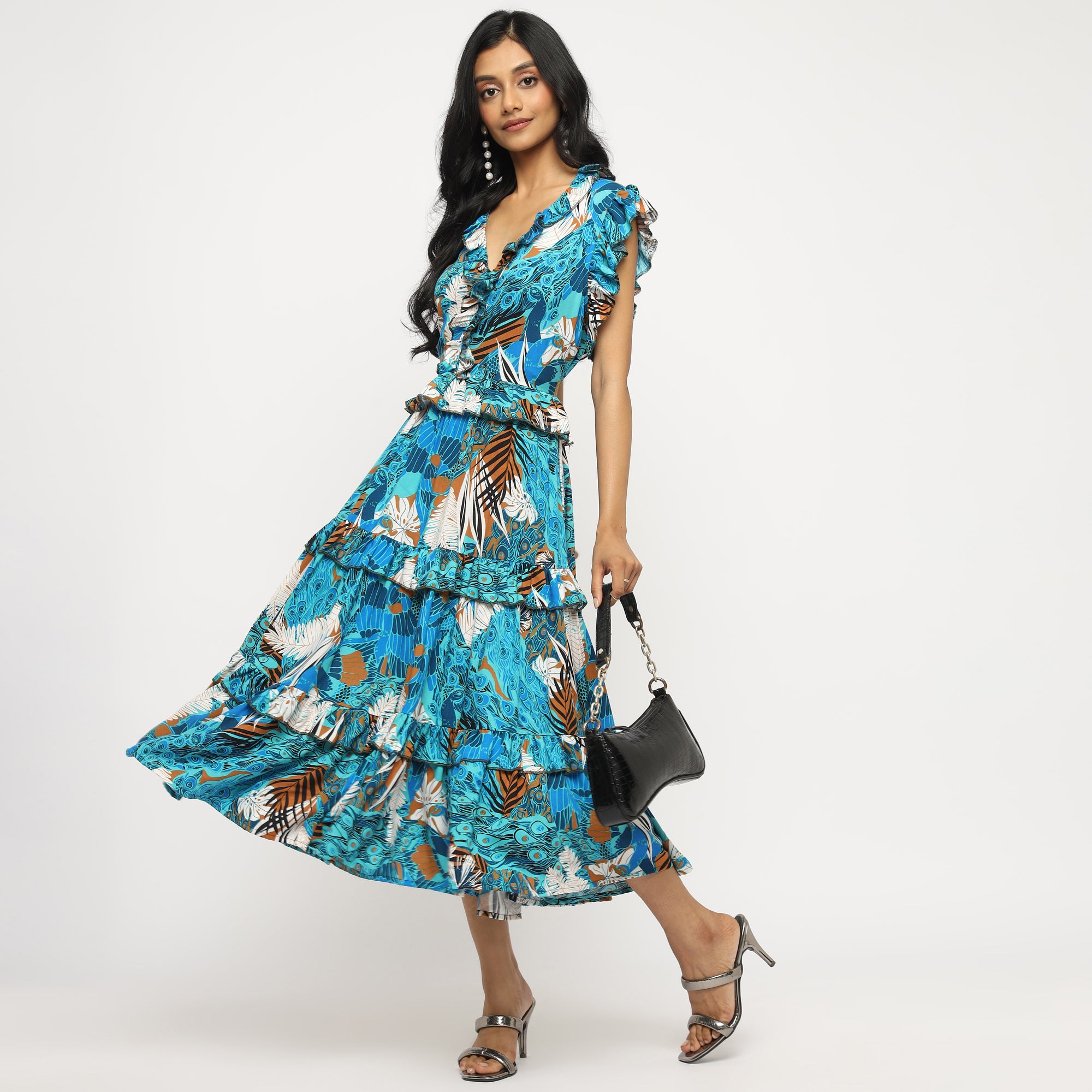 Ruffle Tropical Tiered Midi Dress
