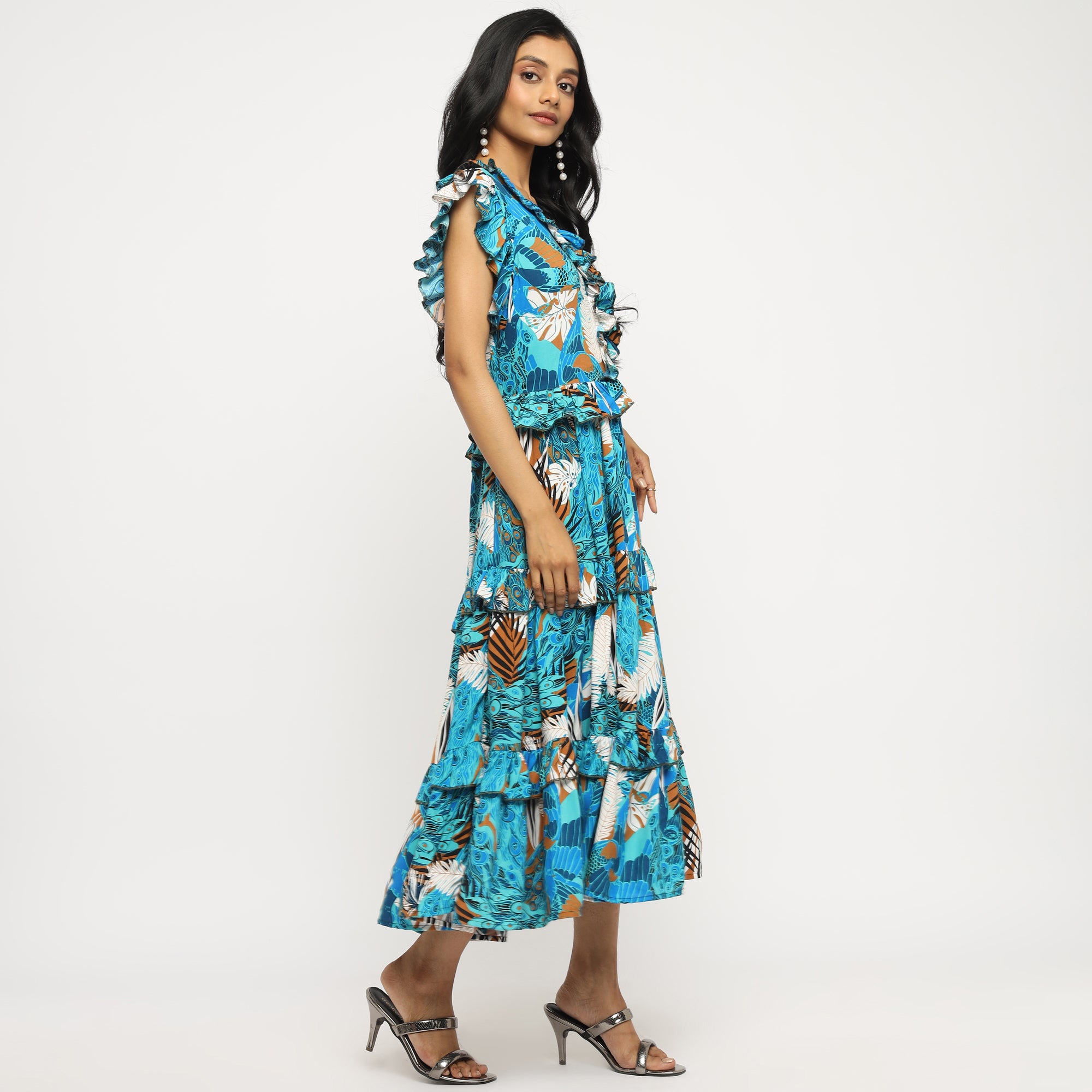 Ruffle Tropical Tiered Midi Dress