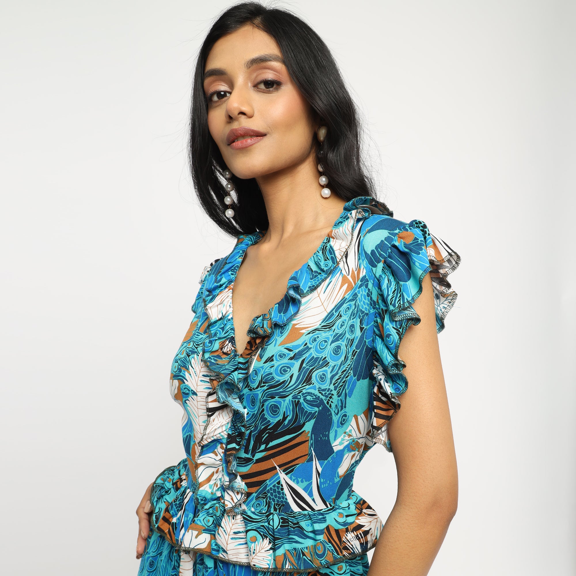 Ruffle Tropical Tiered Midi Dress