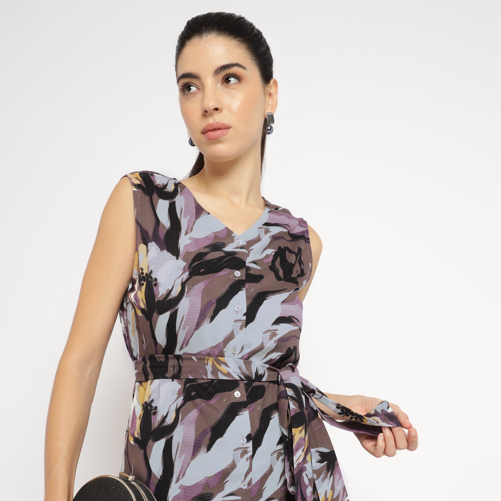 Purple Floral Sleeveless Belted Co-ord Set