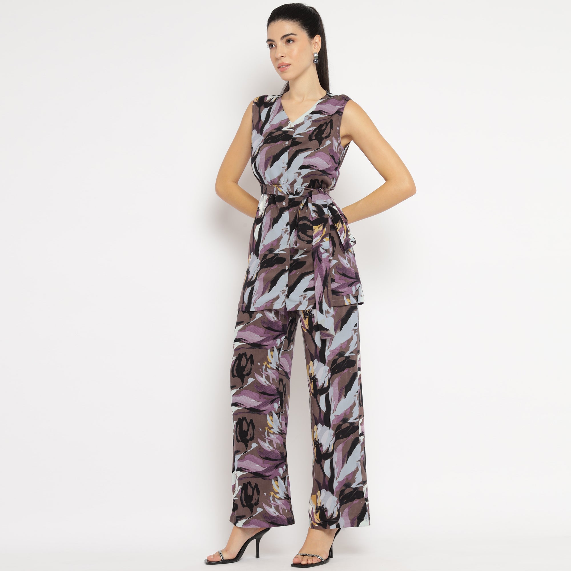 Purple Floral Sleeveless Belted Co-ord Set