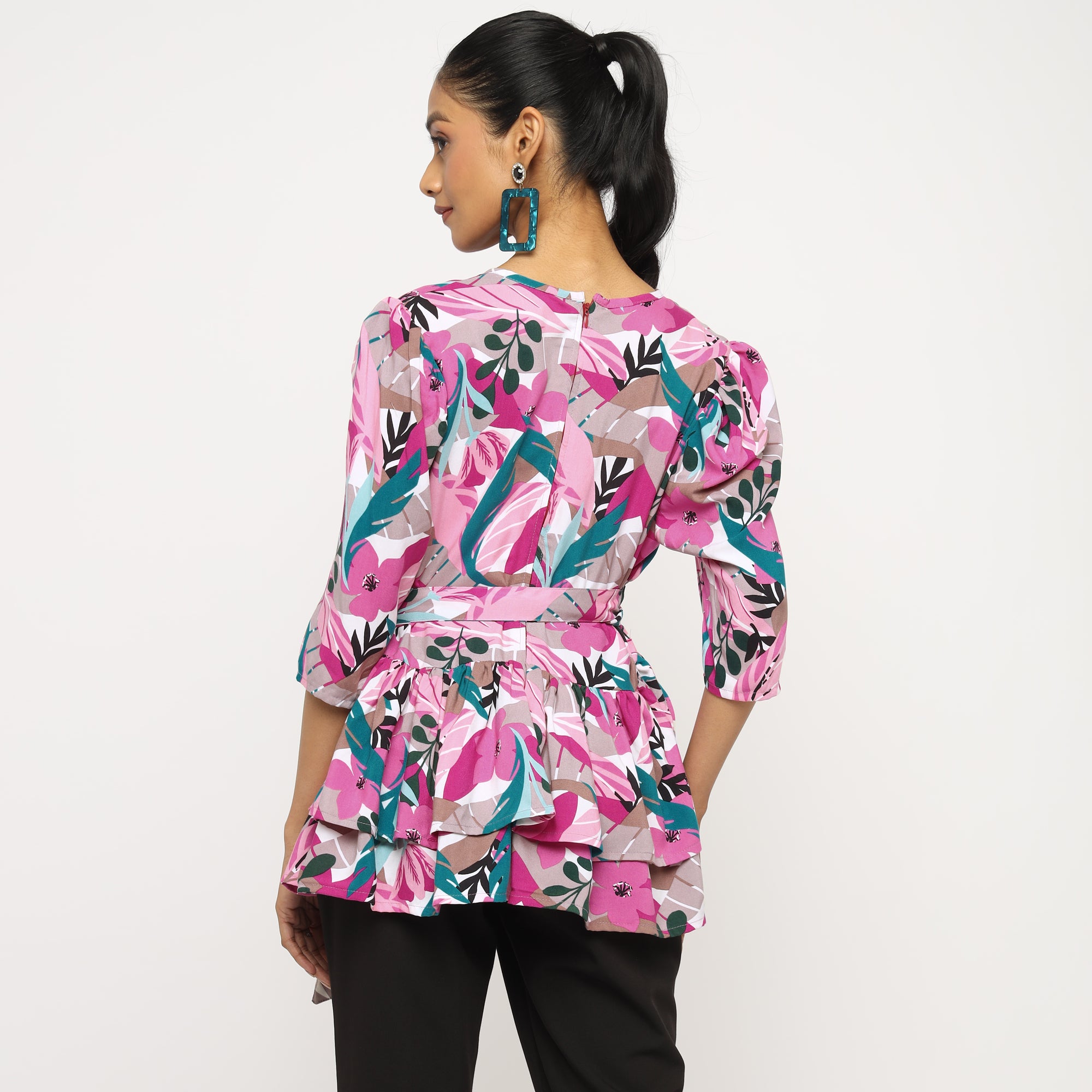 Pink Multicolor Floral Peplum Wrap Top
