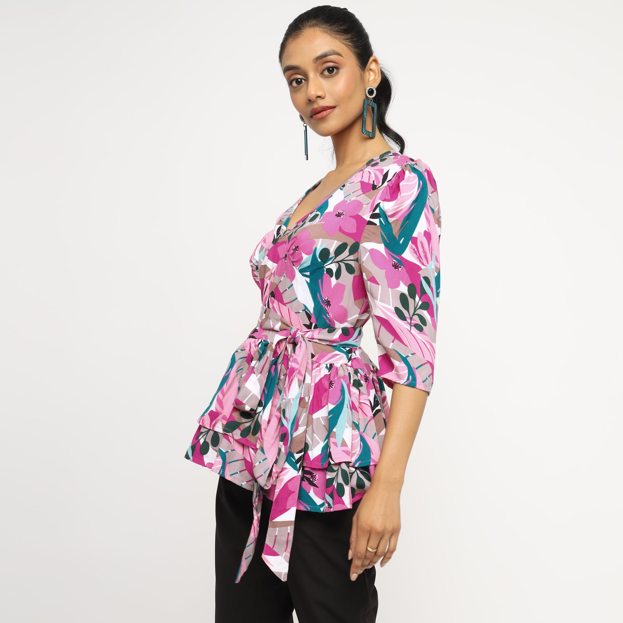 Pink Multicolor Floral Peplum Wrap Top