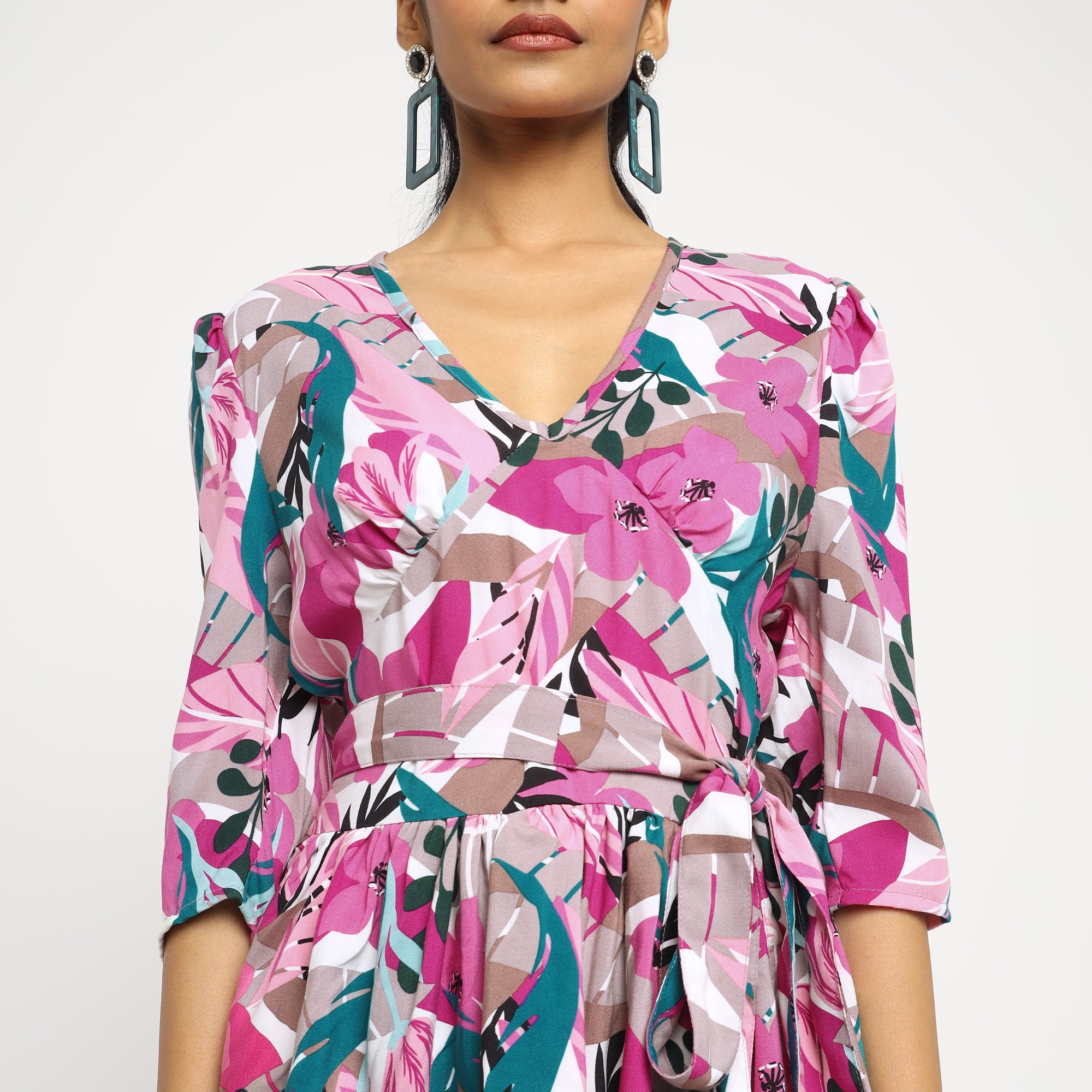 Pink Multicolor Floral Peplum Wrap Top