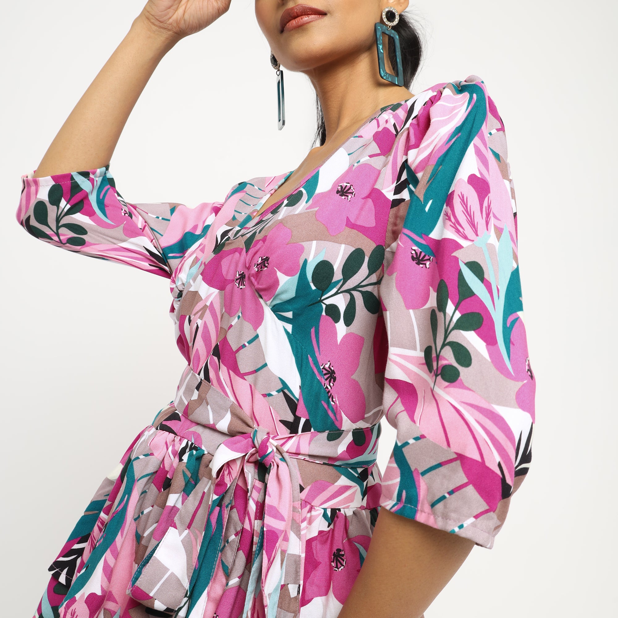 Pink Multicolor Floral Peplum Wrap Top