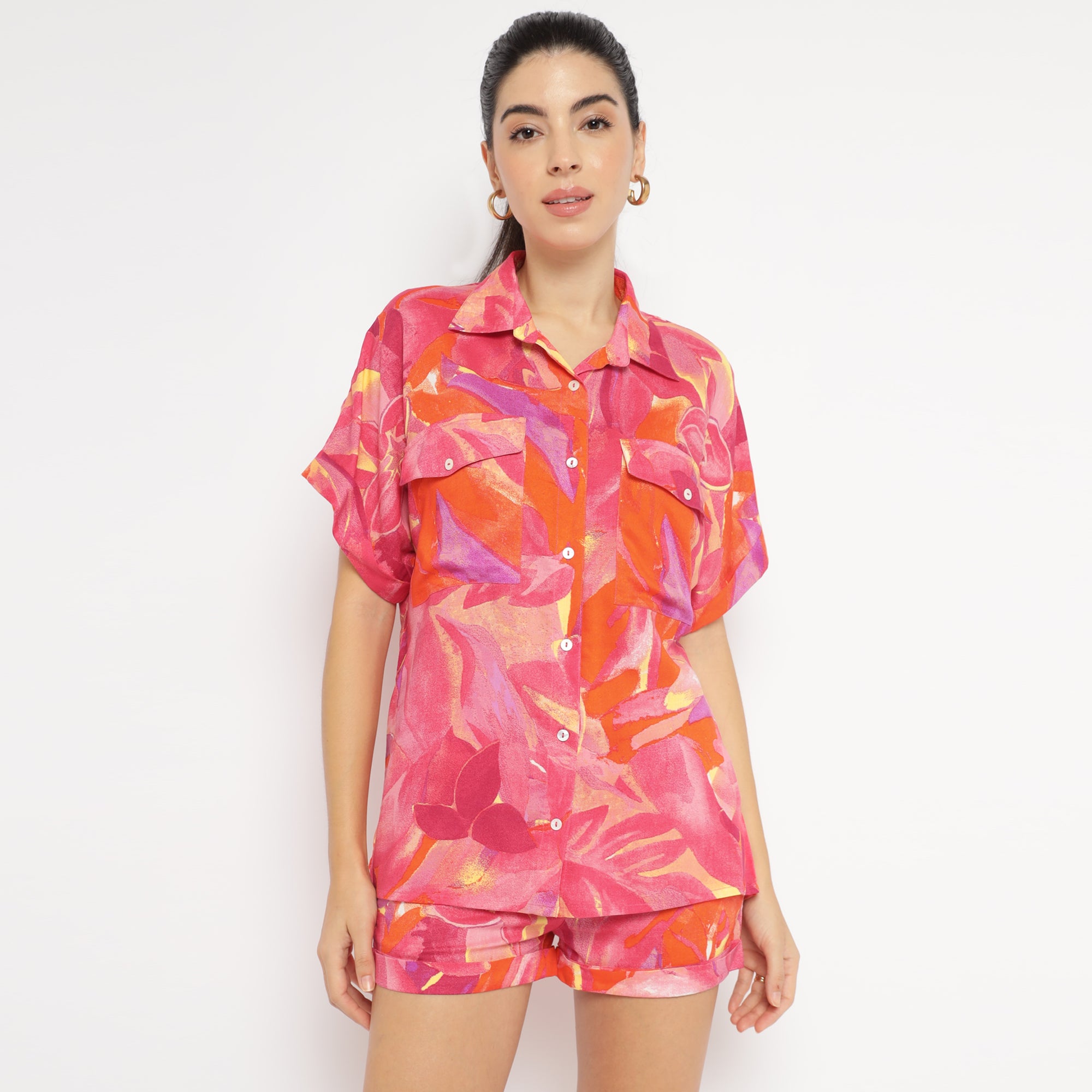 Vibrant Coral-Orange Printed Co-ord Set with Shirt and Shorts