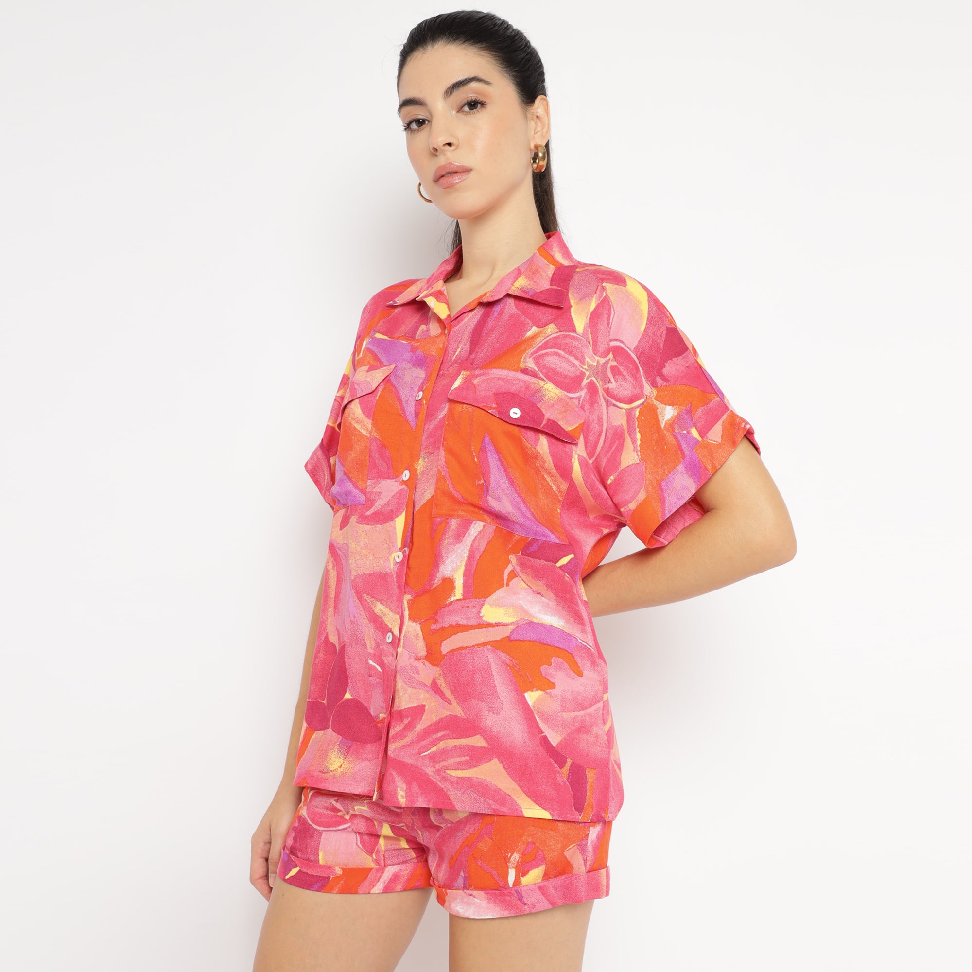Vibrant Coral-Orange Printed Co-ord Set with Shirt and Shorts