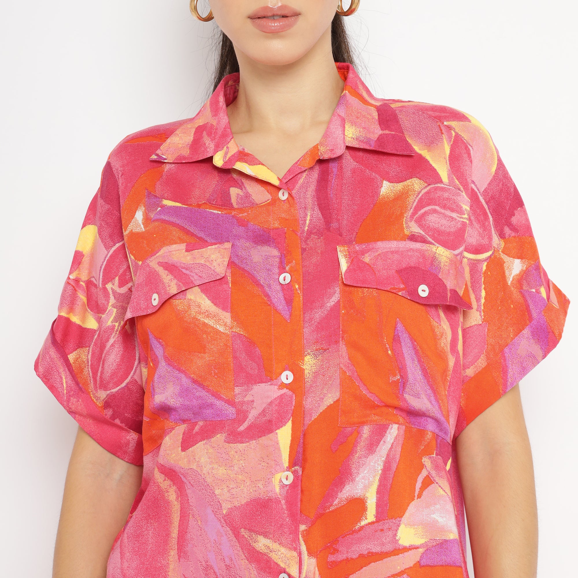 Vibrant Coral-Orange Printed Co-ord Set with Shirt and Shorts